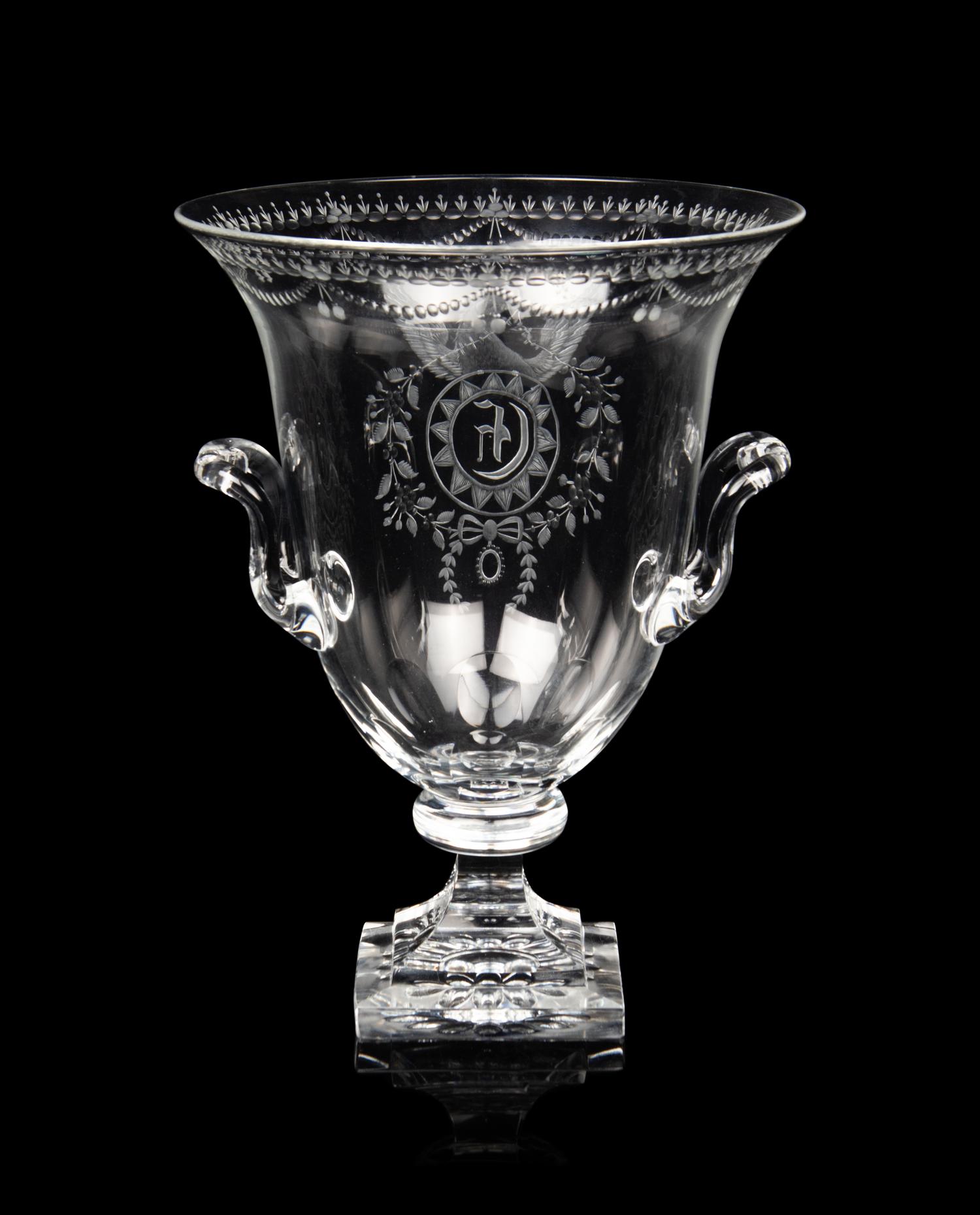 A Steuben Engraved Glass Strawberry Mansion Urn