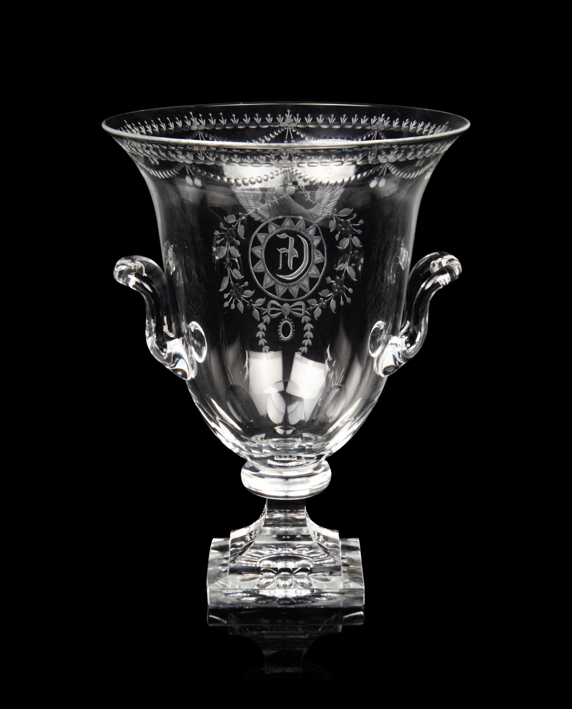 A Steuben Engraved Glass Strawberry Mansion Urn