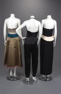 Two Geoffrey Beene Strapless Evening Dresses and One Jumpsuit, Spring 1987