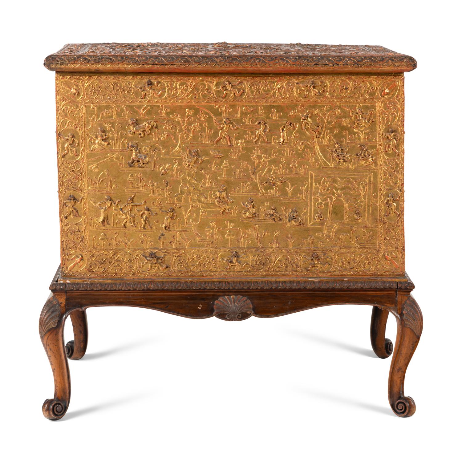 A Burmese Gilt Lacquer Manuscript Chest on an Associated Stand