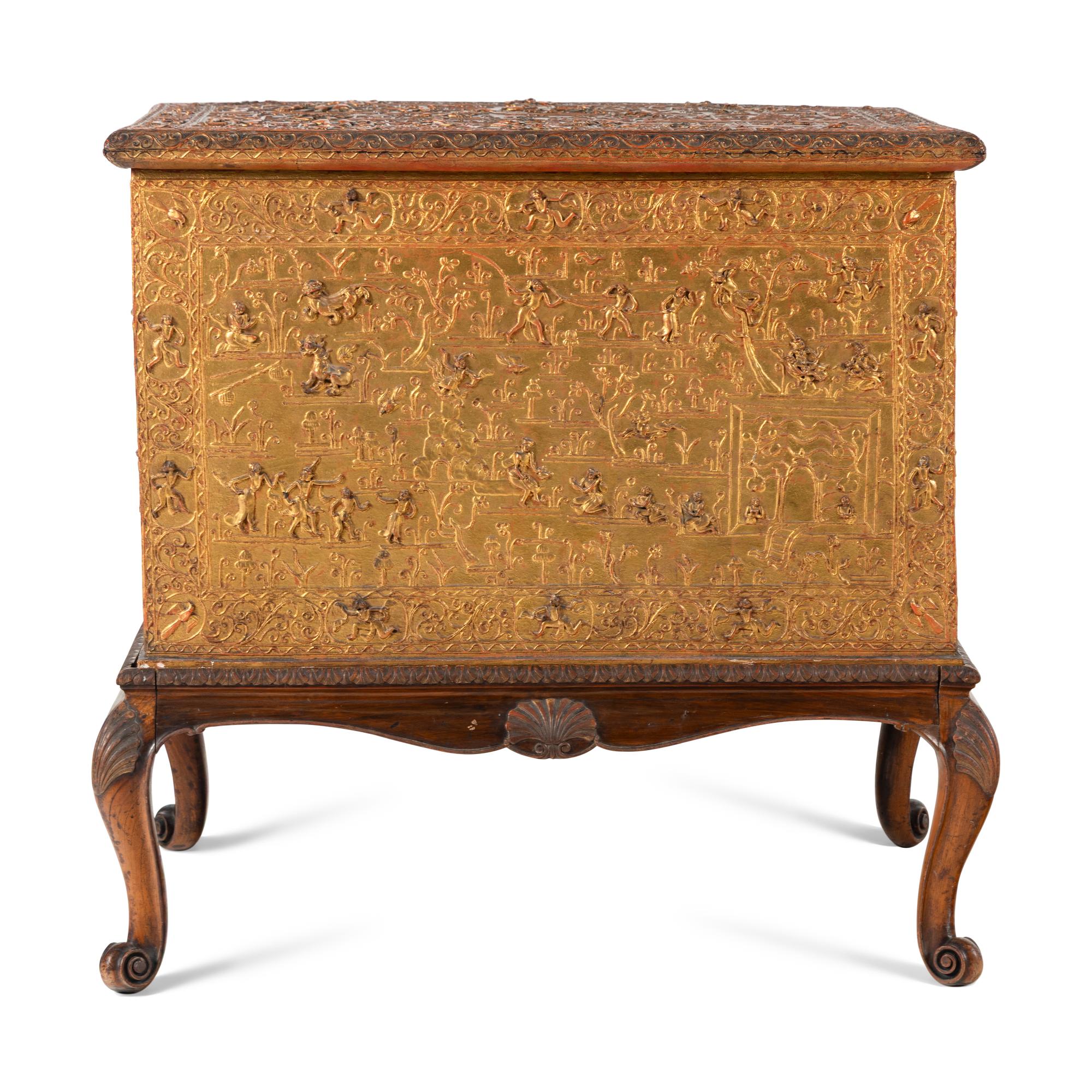 A Burmese Gilt Lacquer Manuscript Chest on an Associated Stand