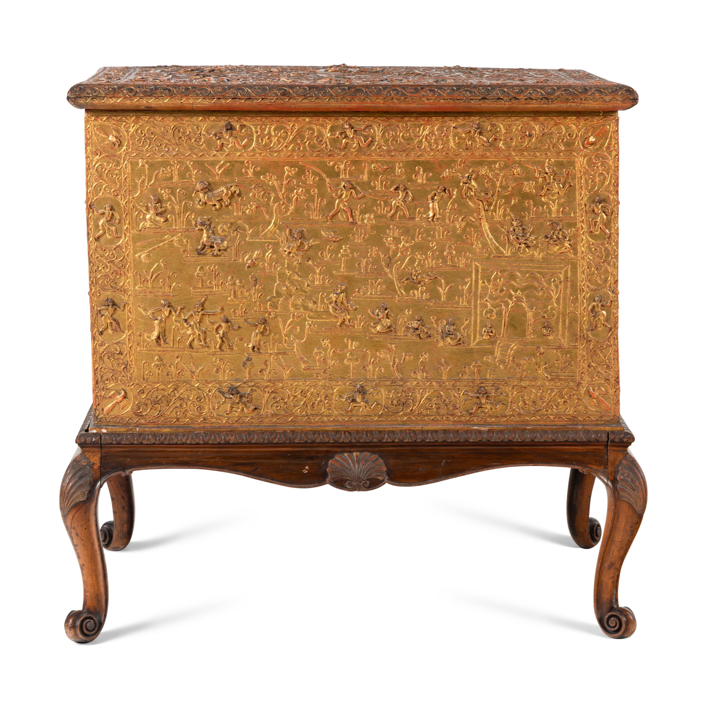 A Burmese Gilt Lacquer Manuscript Chest on an Associated Stand