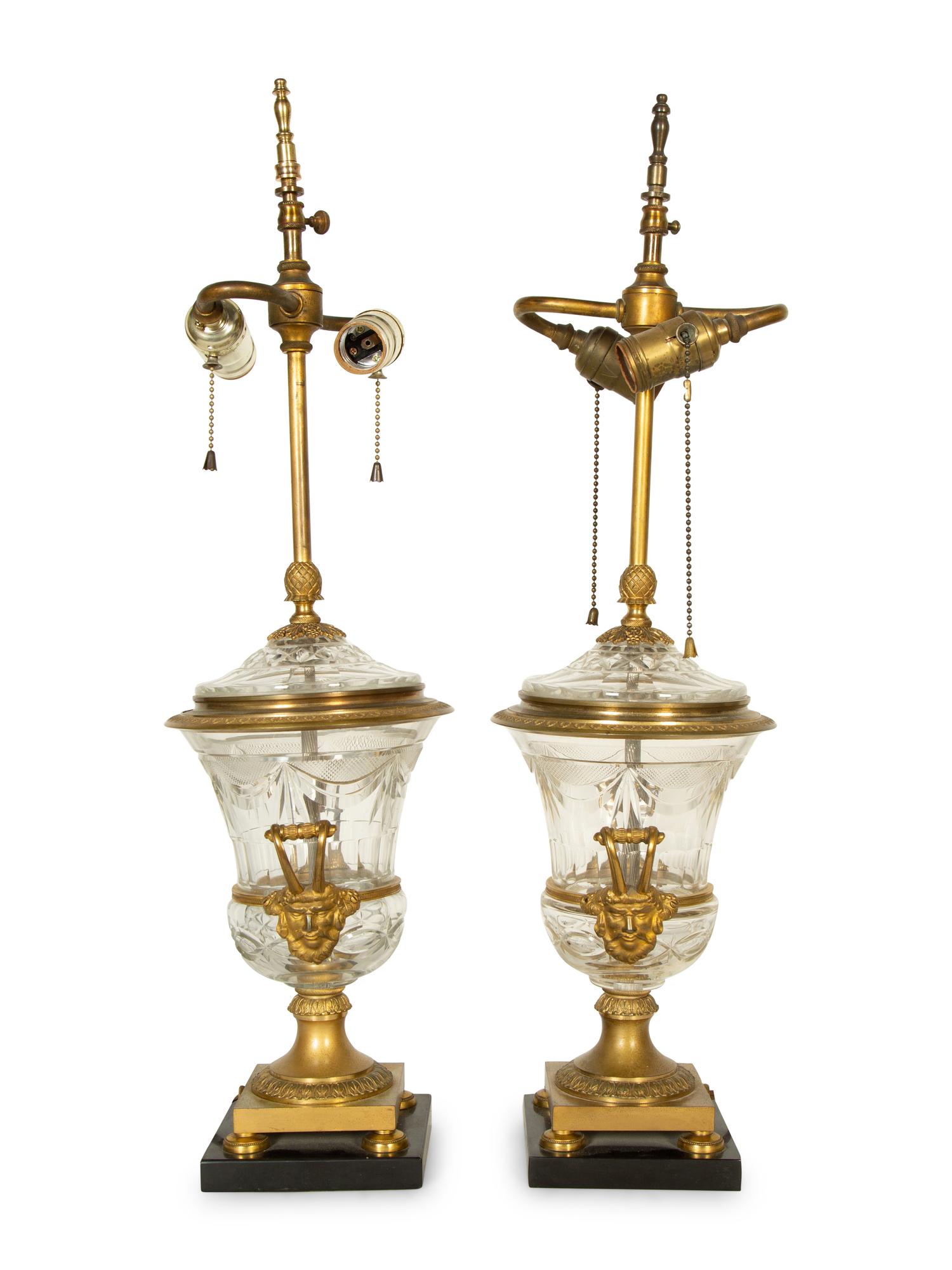 A Pair of Continental Gilt Bronze and Cut Glass Urns Mounted as Lamps