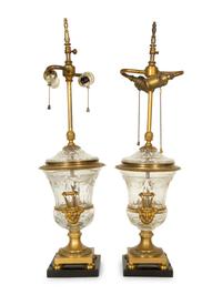 A Pair of Continental Gilt Bronze and Cut Glass Urns Mounted as Lamps