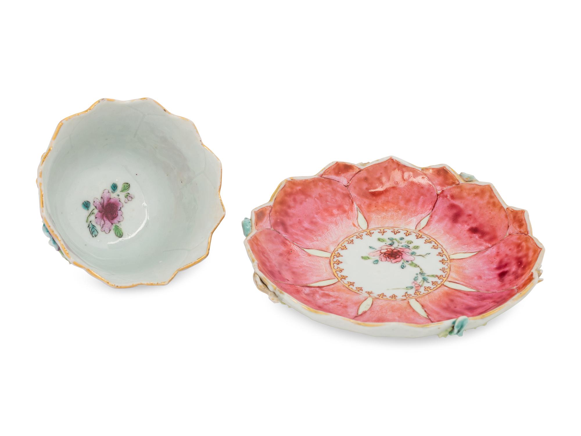 A Pair of Chinese Export Famille Rose 'Lotus' Porcelain Tea Bowls and Saucers