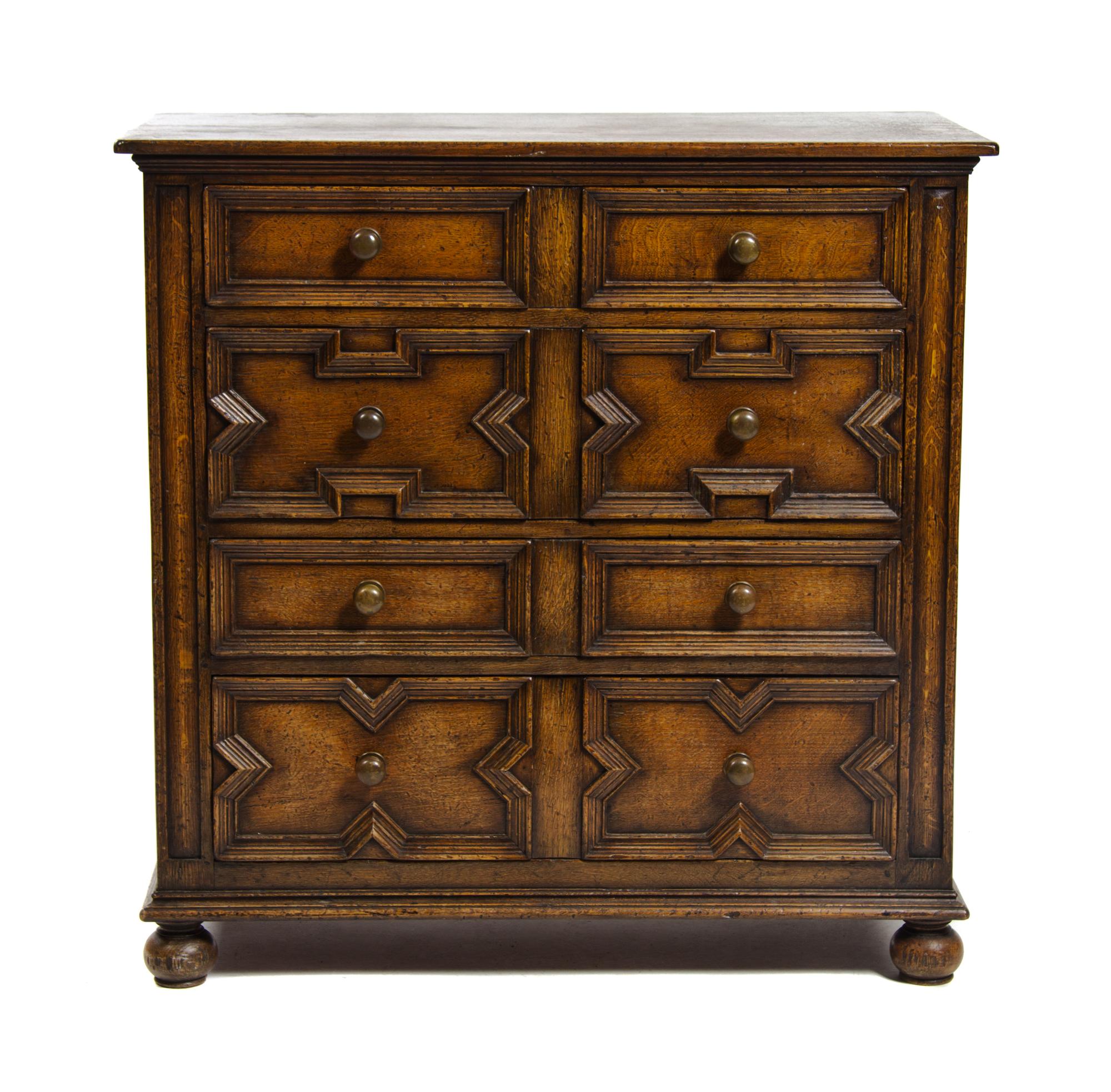 A Charles II Style Oak Chest of Drawers, 20TH CENTURY, Height 36 1/8 x width 36 1/8 x depth 19 inches. — 20TH CENTURY,