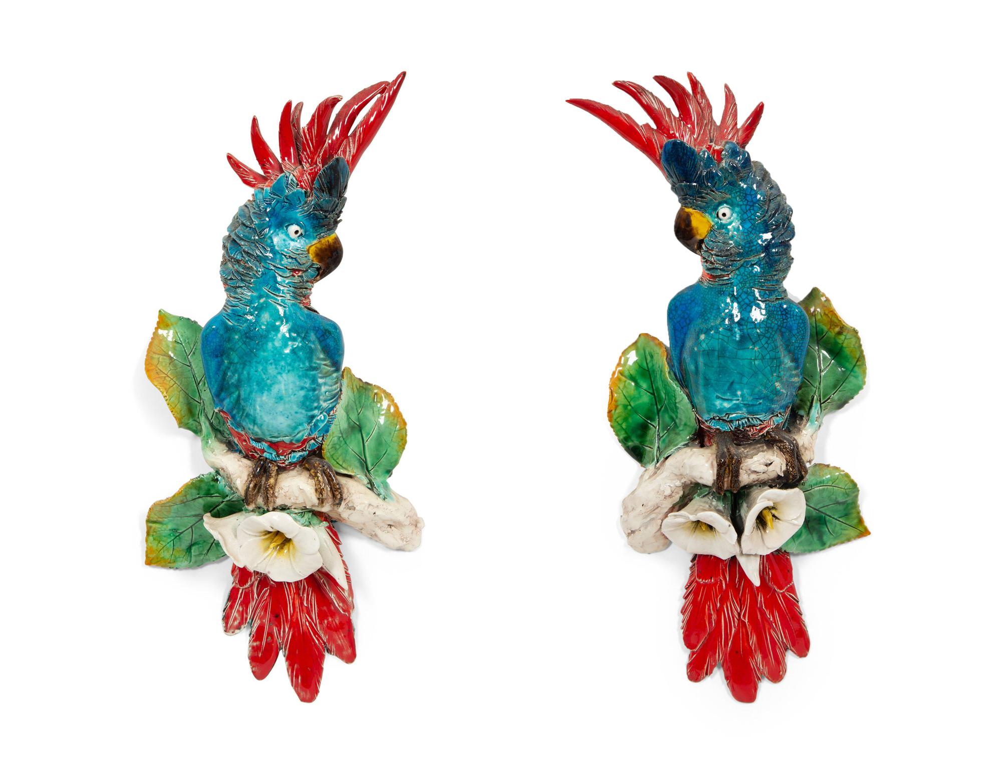 A Pair of Polychrome Glazed Earthenware Parrot Wall Appliqués