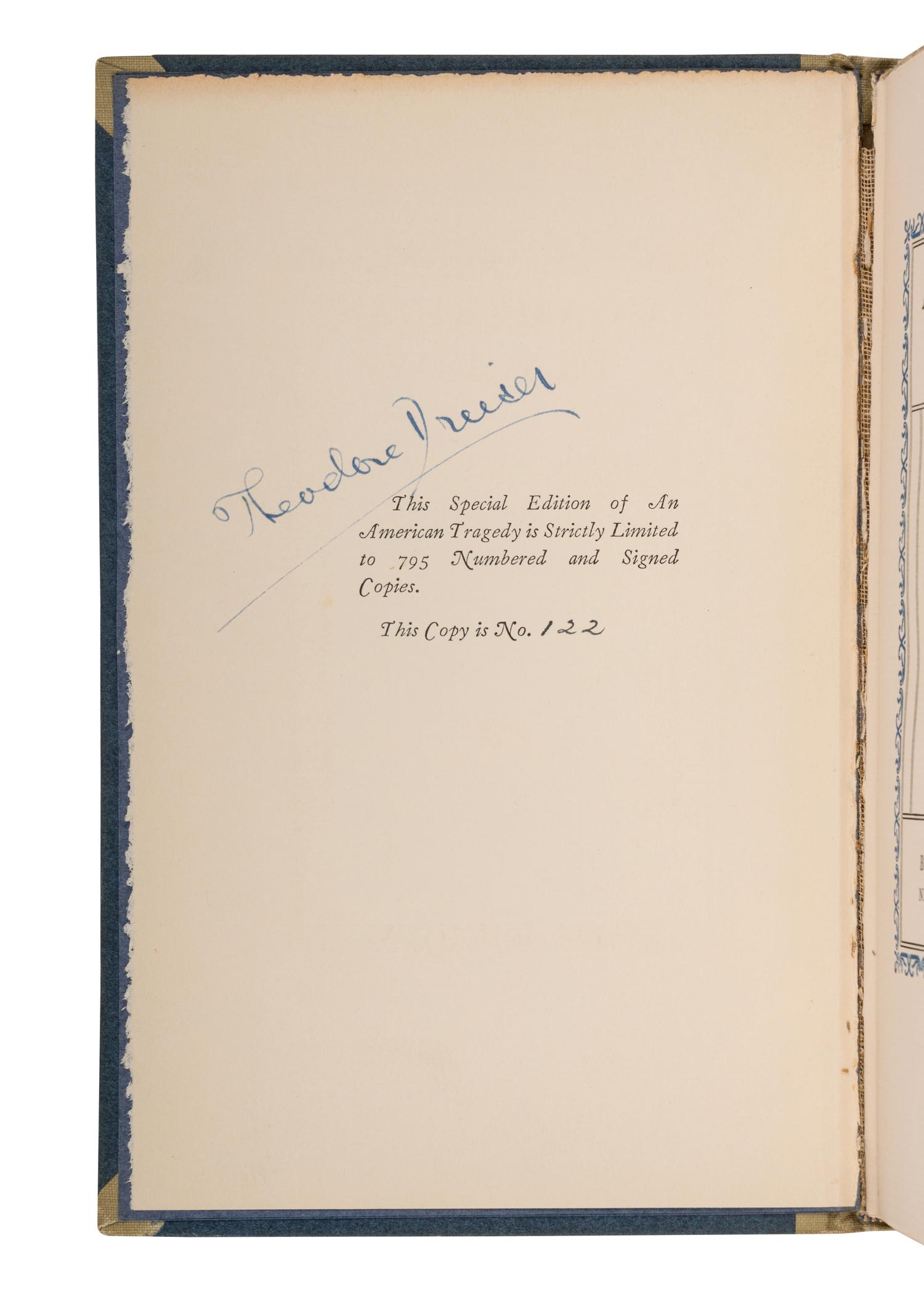 DREISER, Theodore (1871-1945). A group of 5 FIRST EDITION works, comprising: