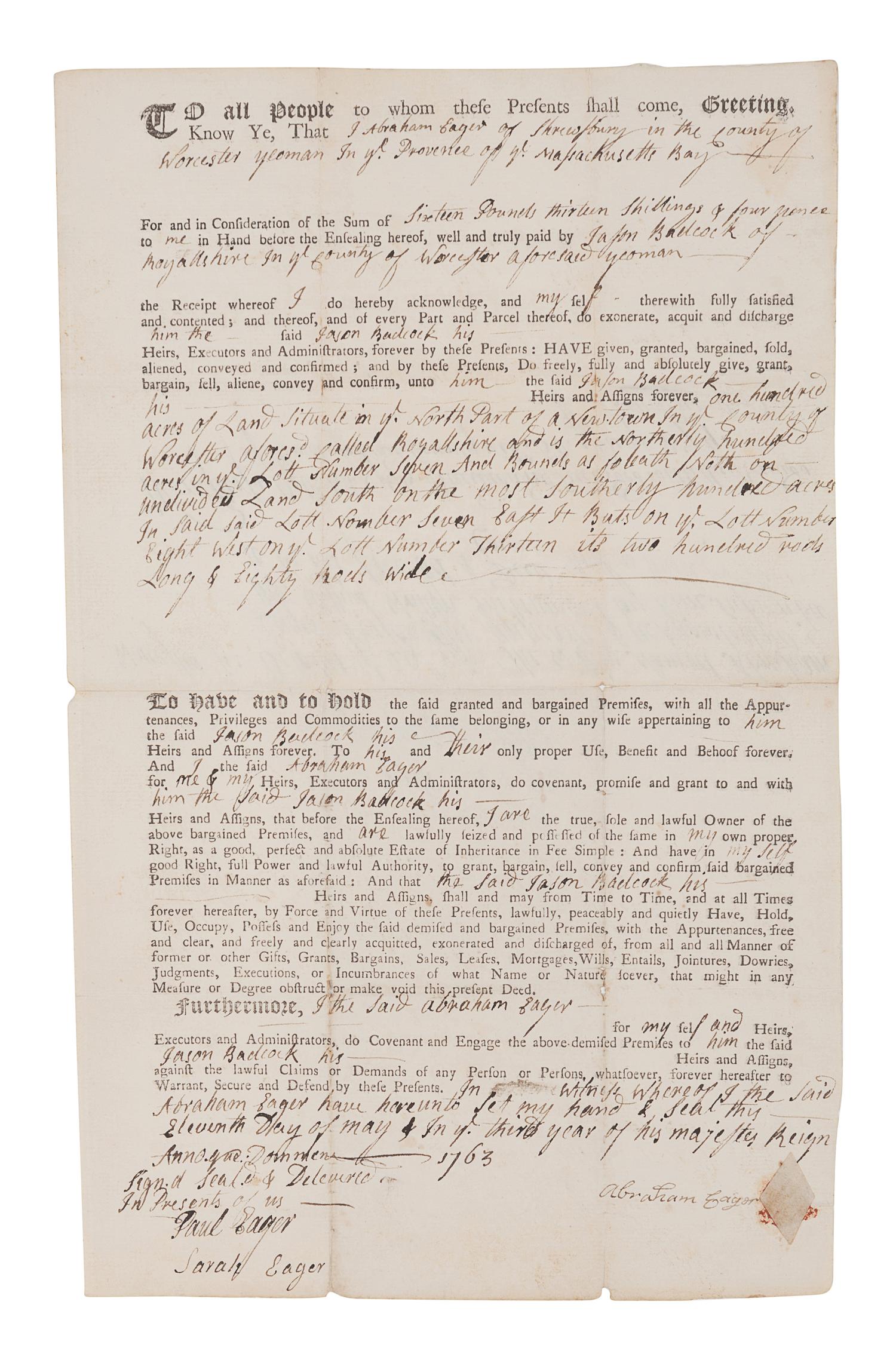 WARD, Artemas. Partly printed document accomplished in manuscript signed on verso (“Artemas Ward”).