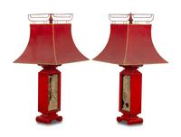 A Pair of Chinese Style Reverse-Decorated Glass and Red-Painted Table Lamps