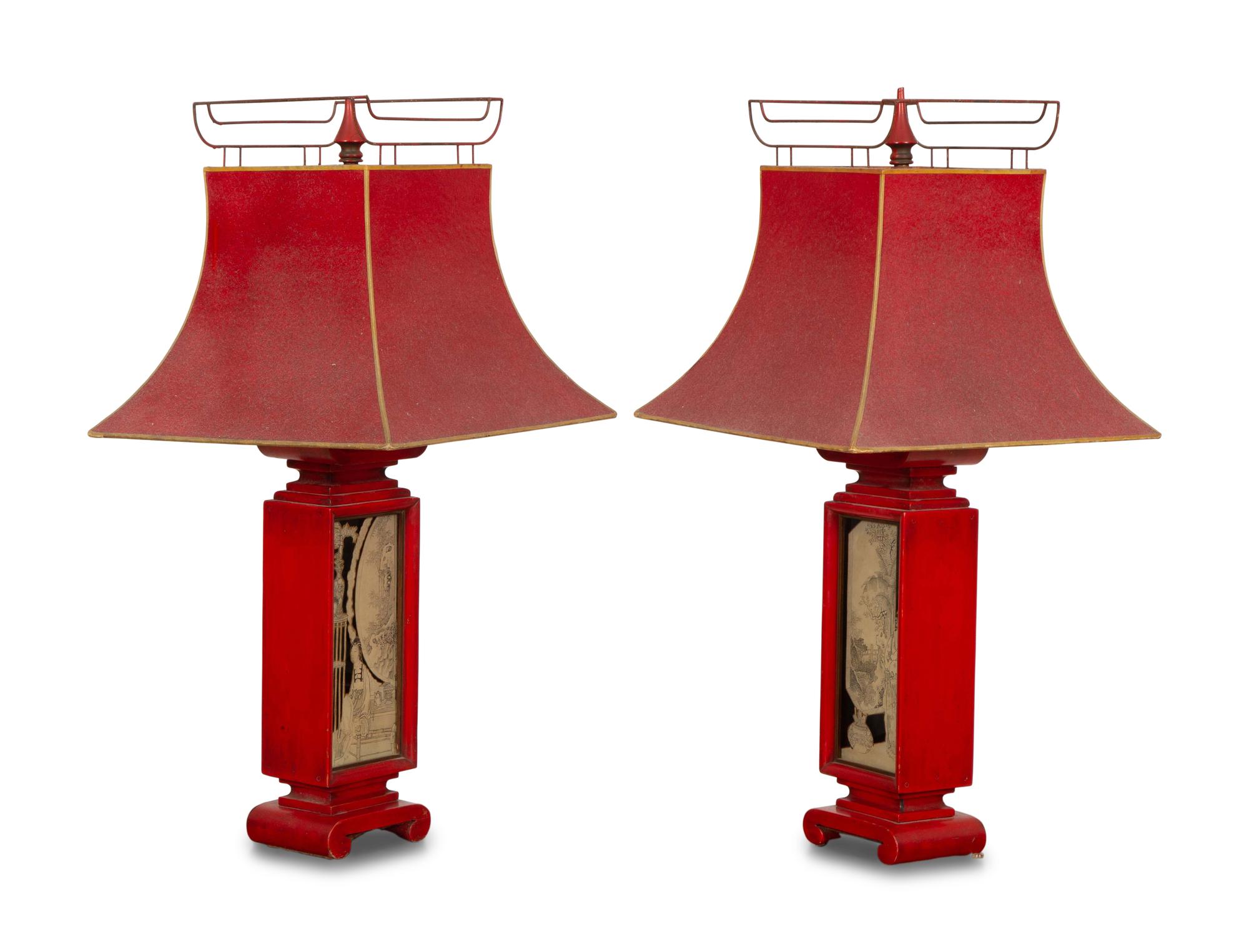 A Pair of Chinese Style Reverse-Decorated Glass and Red-Painted Table Lamps