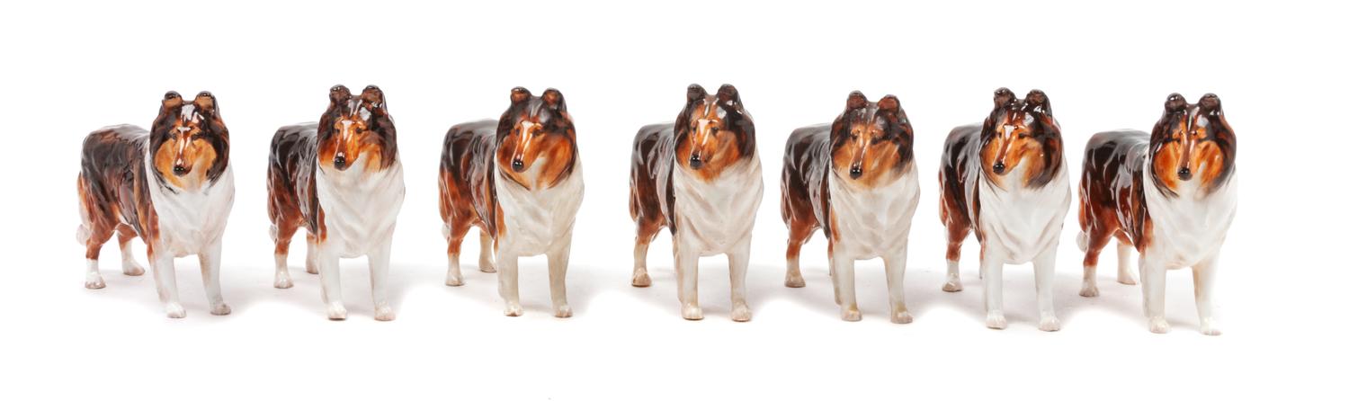 A Group of Seven Royal Doulton Porcelain Collies Width 5 inches.