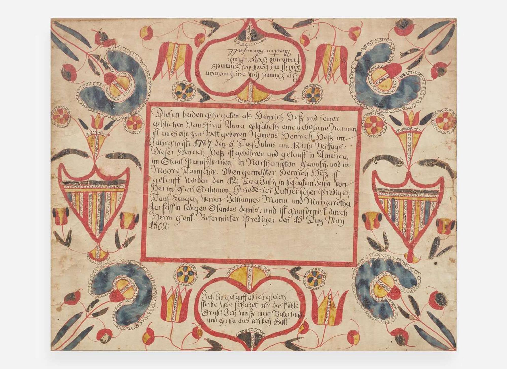Martin Brechall (c. 1757- 1831), Fraktur: Birth Record for Heinrich Getz, dated "1802"