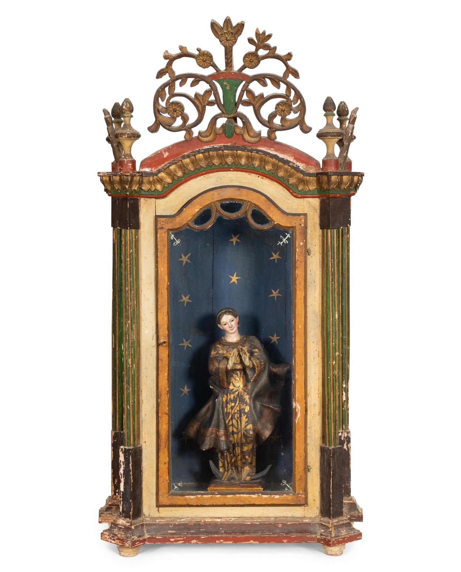 An Italian Polychrome Decorated Reliquary Cabinet with Carved Virgin of Guadalupe Figure