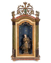 An Italian Polychrome Decorated Reliquary Cabinet with Carved Virgin of Guadalupe Figure