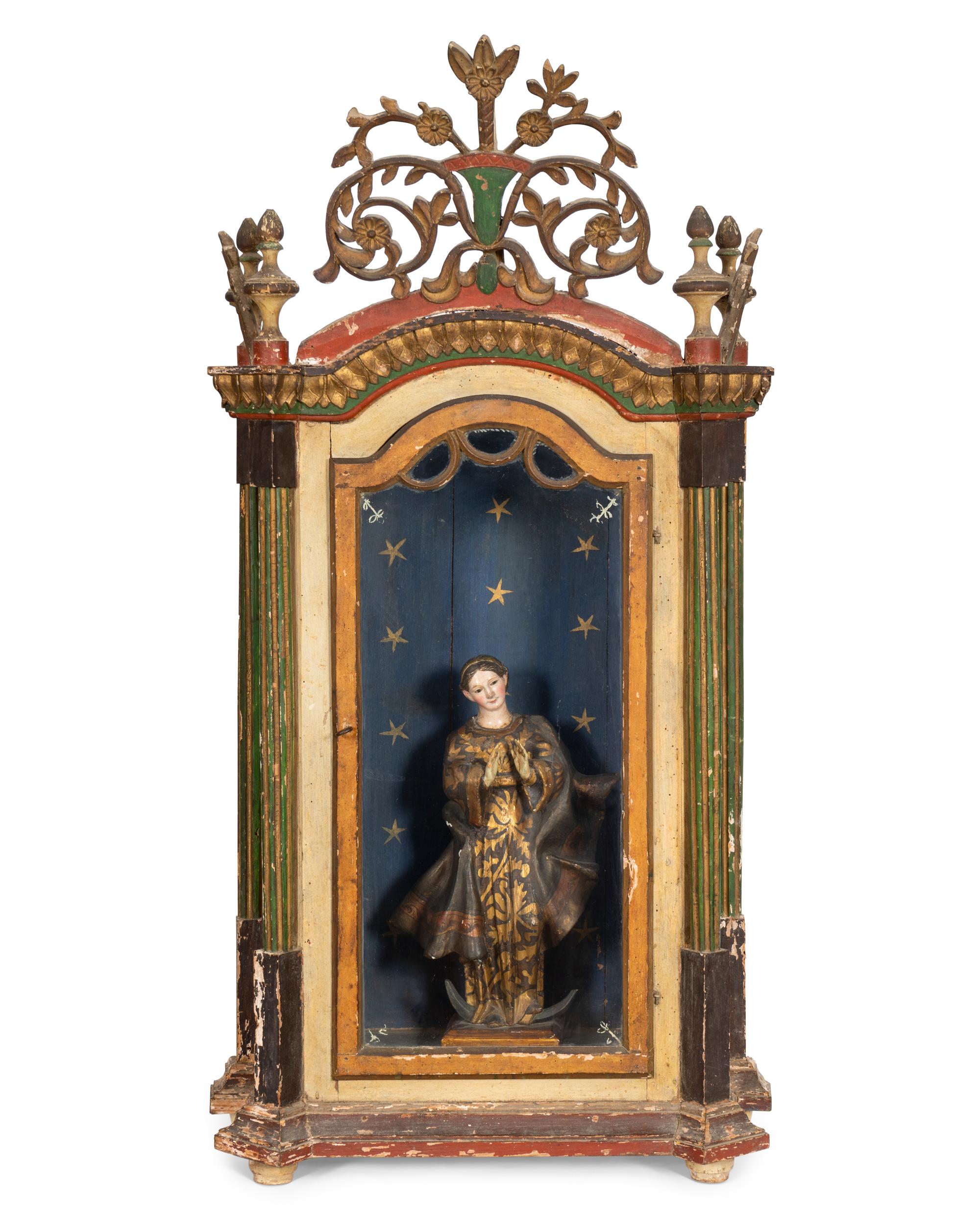 An Italian Polychrome Decorated Reliquary Cabinet with Carved Virgin of Guadalupe Figure