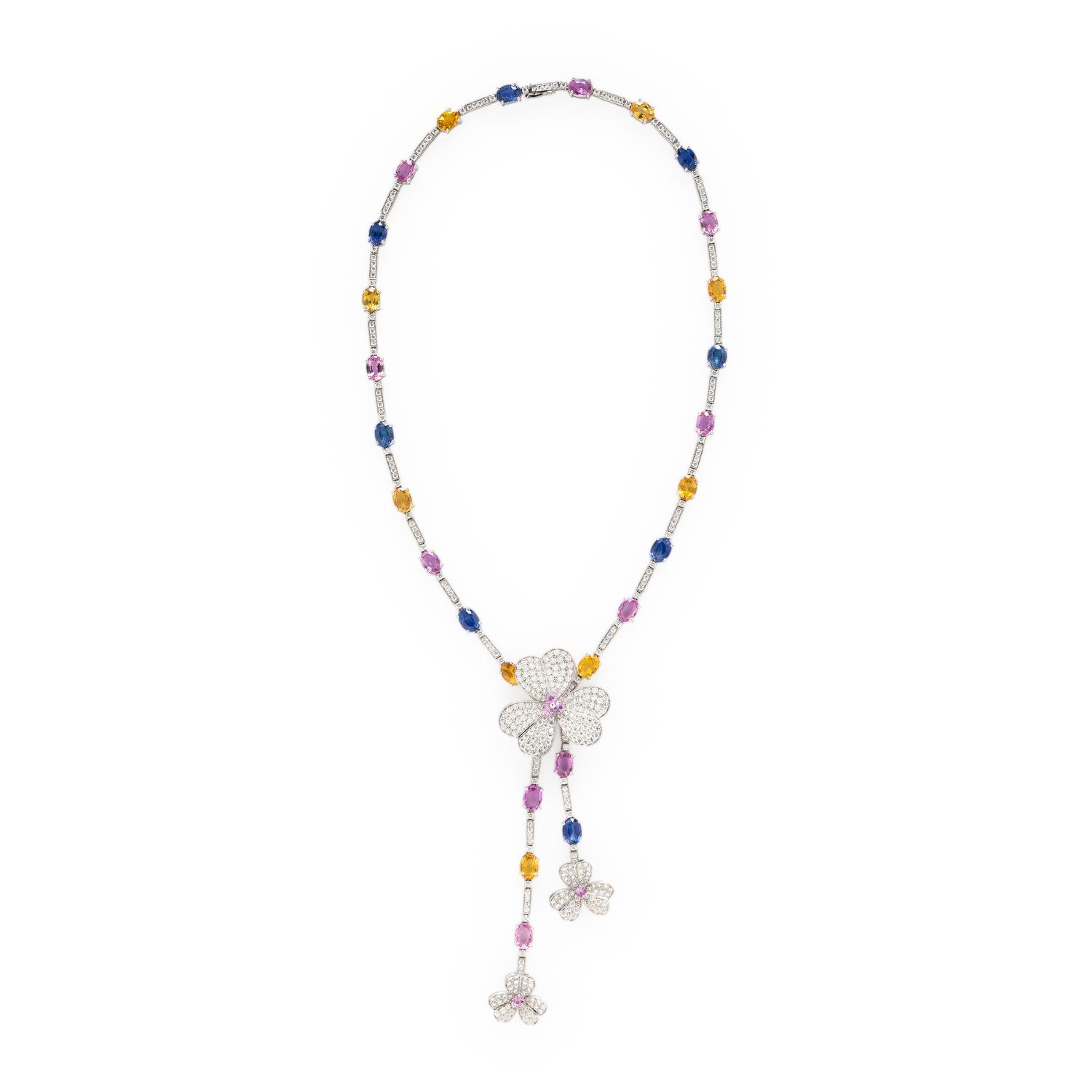 Multi Color Sapphire and Diamond Clover Lavalier Necklace