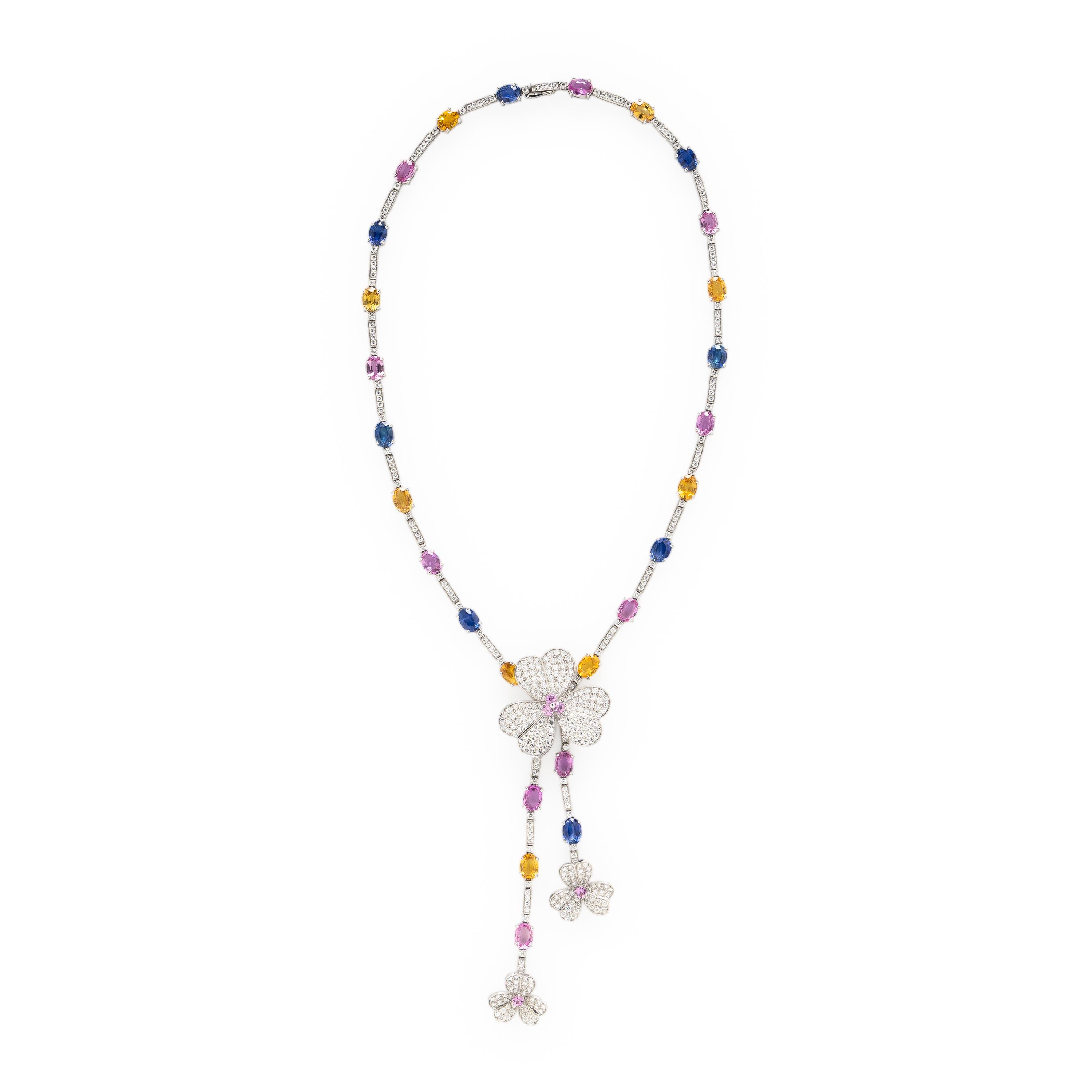 Multi Color Sapphire and Diamond Clover Lavalier Necklace