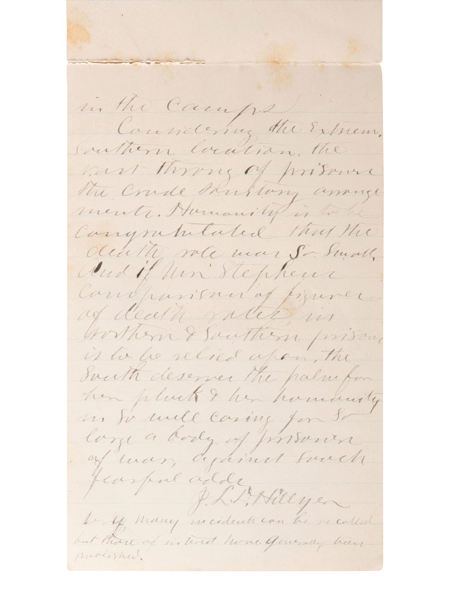 [CIVIL WAR]. "Recolectrance of Andersonville." A post-war manuscript account of Andersonville POW camp authored by former prison guard John Ledley Dagg Hillyer (1848-1910), Co. B, 3rd Regiment Georgia Reserves.