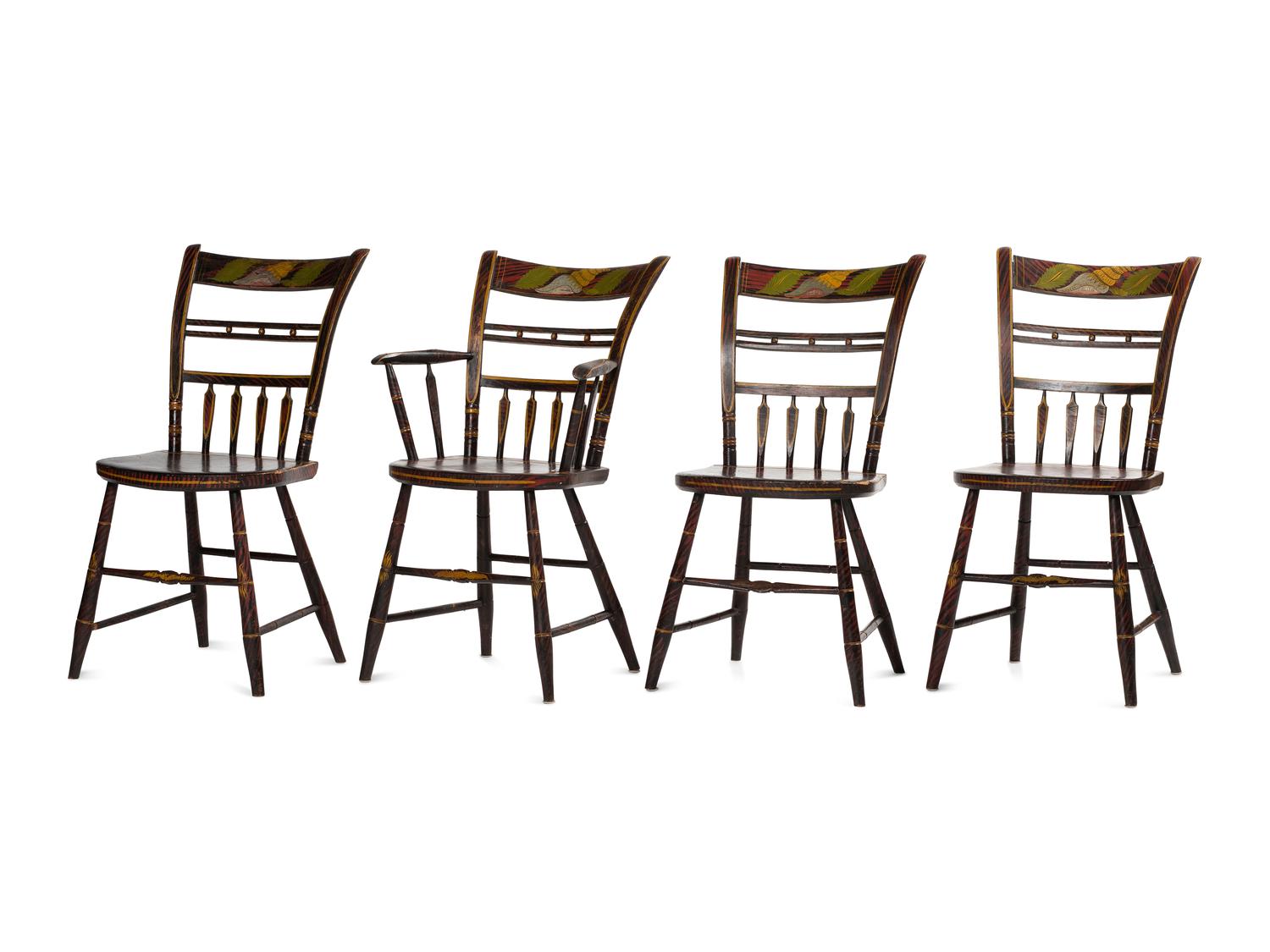 A Set of Four Classical Grain Painted and Flower Decorated Bamboo Turned Dining Chairs
