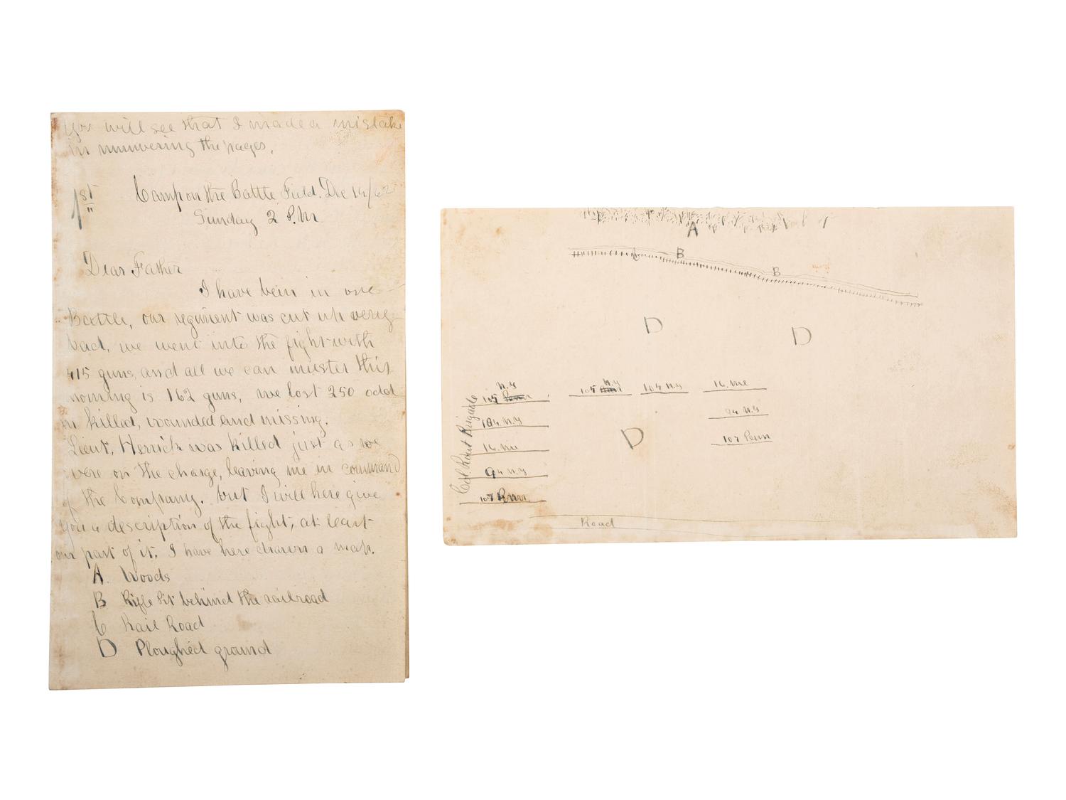 [CIVIL WAR]. Battle of Fredericksburg letter with sketched map of battle lines by Sgt. William H. Broughton, 16th Maine Infantry Regiment, POW at Weldon Railroad. "Camp on the Battle Field," 14 December 1862.