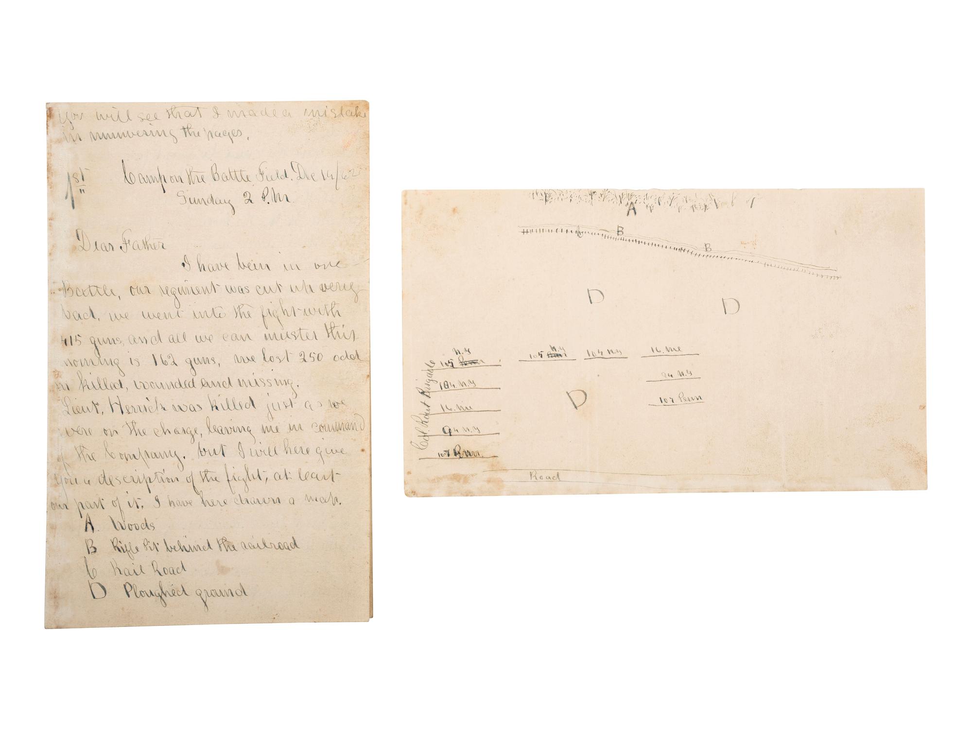 [CIVIL WAR]. Battle of Fredericksburg letter with sketched map of battle lines by Sgt. William H. Broughton, 16th Maine Infantry Regiment, POW at Weldon Railroad. "Camp on the Battle Field," 14 December 1862.