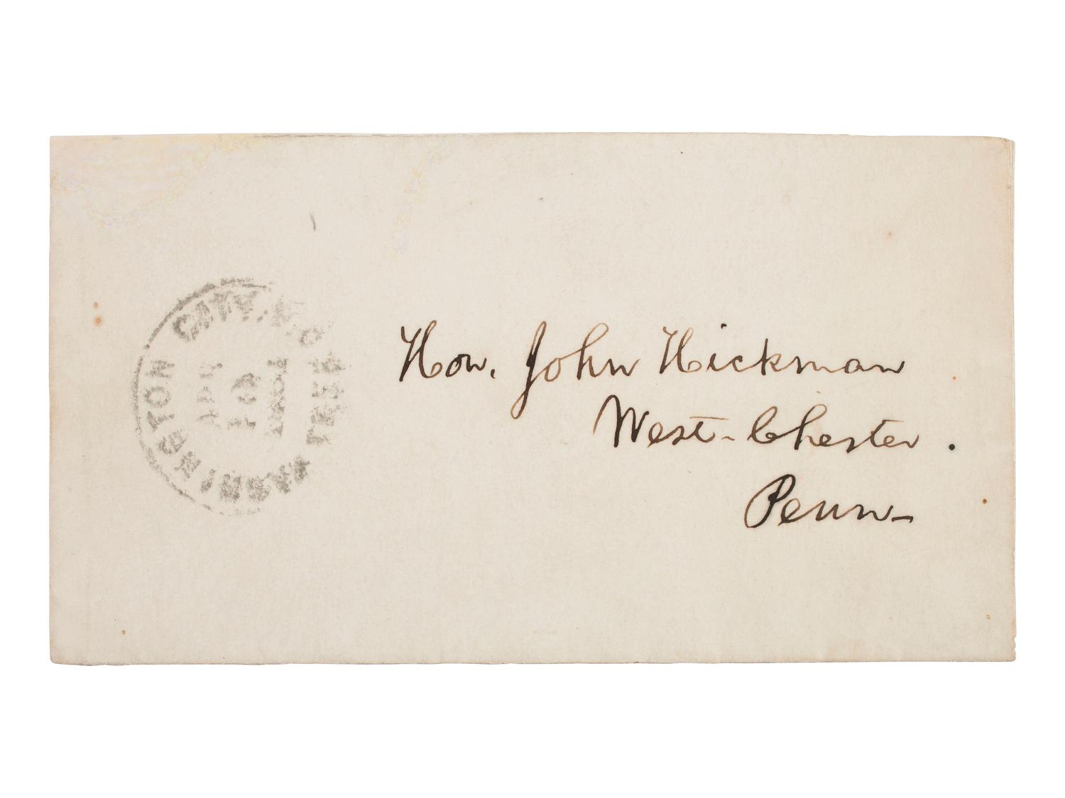 LINCOLN, Abraham (1809-1865). CDV of beardless Lincoln signed on verso "A Lincoln" with original cover addressed in Lincoln's hand, dated 10 April 1861.