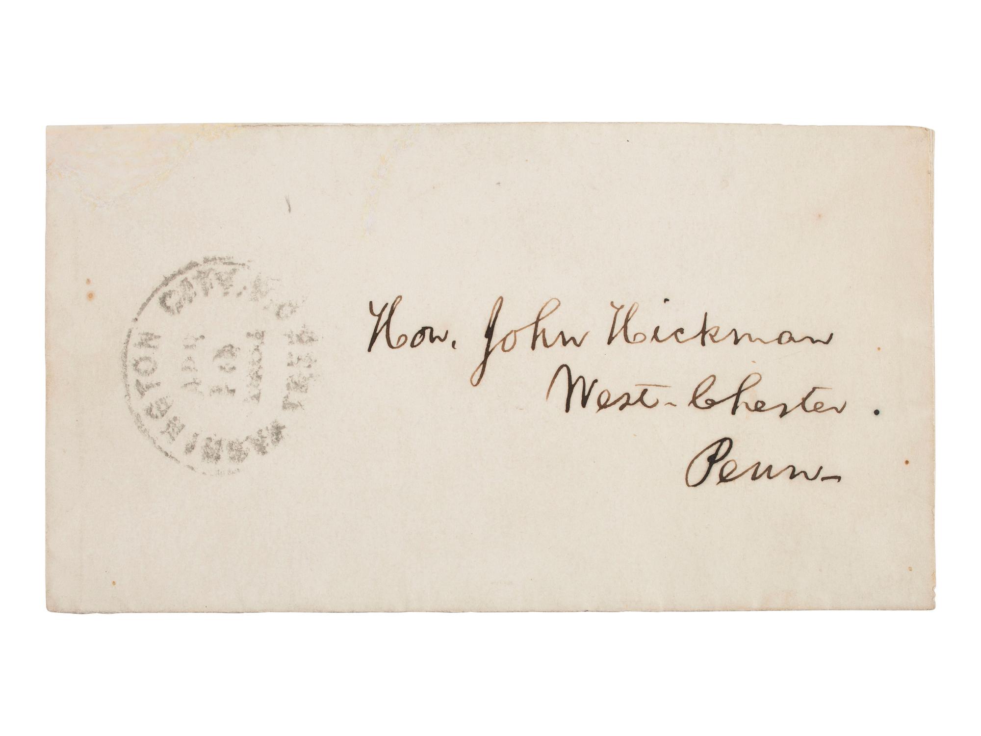LINCOLN, Abraham (1809-1865). CDV of beardless Lincoln signed on verso "A Lincoln" with original cover addressed in Lincoln's hand, dated 10 April 1861.