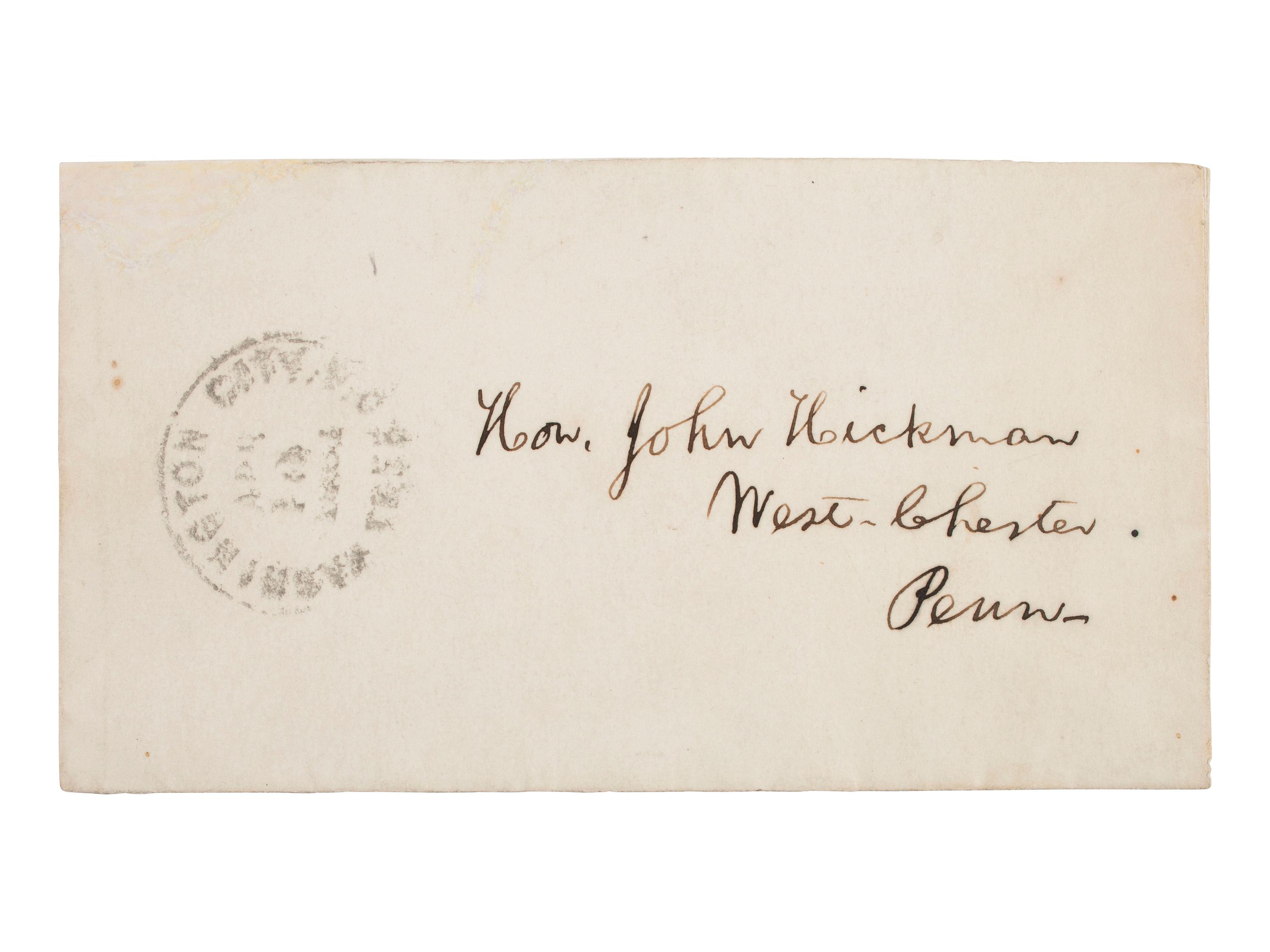 LINCOLN, Abraham (1809-1865). CDV of beardless Lincoln signed on verso "A Lincoln" with original cover addressed in Lincoln's hand, dated 10 April 1861.