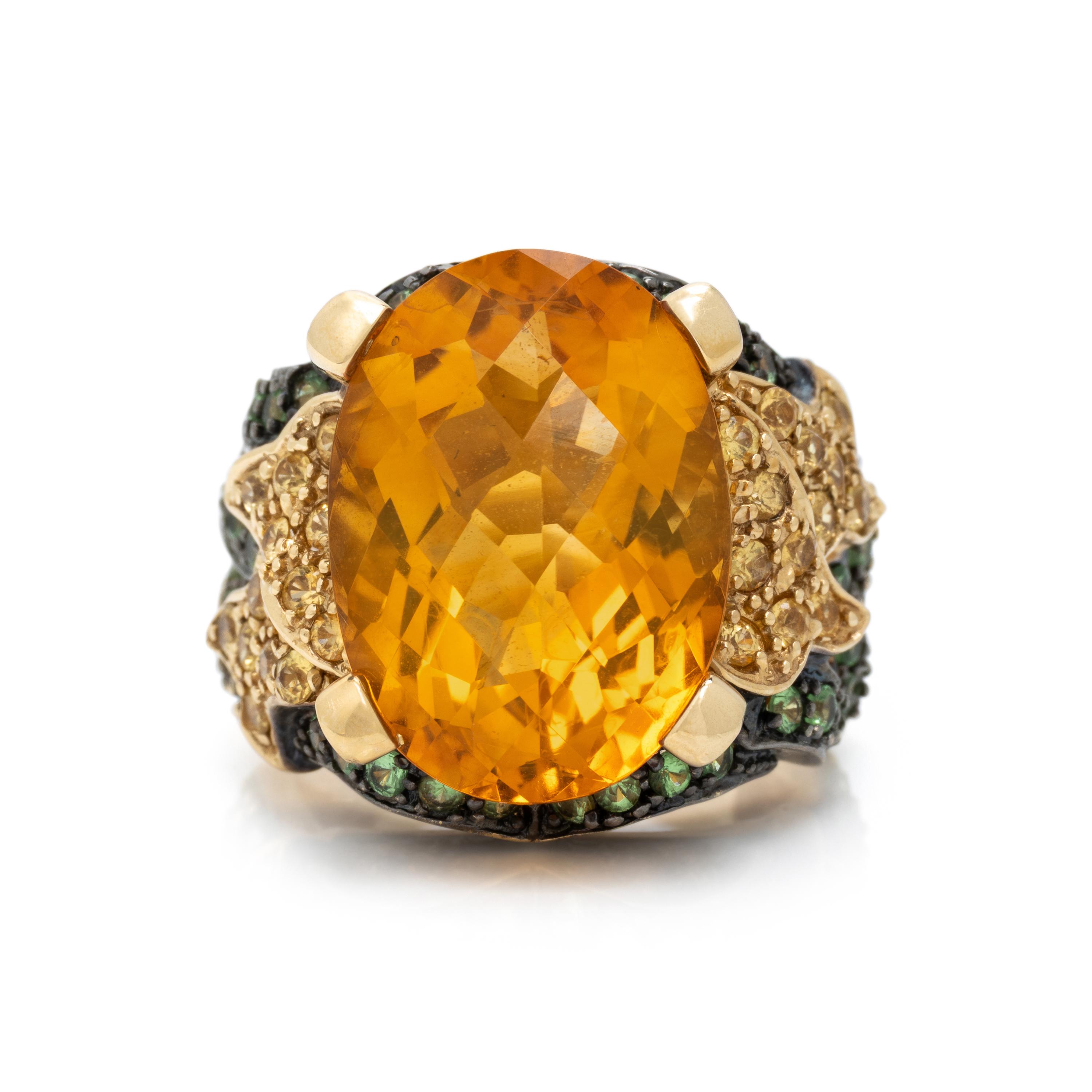 Multigem, Yellow Gold, and Blackened Gold Ring and Pendant Necklace