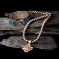 Peterson Chee (Diné, 20th century) — Sterling Silver and Mosaic Inlay Cuff Bracelet and Matching Necklace