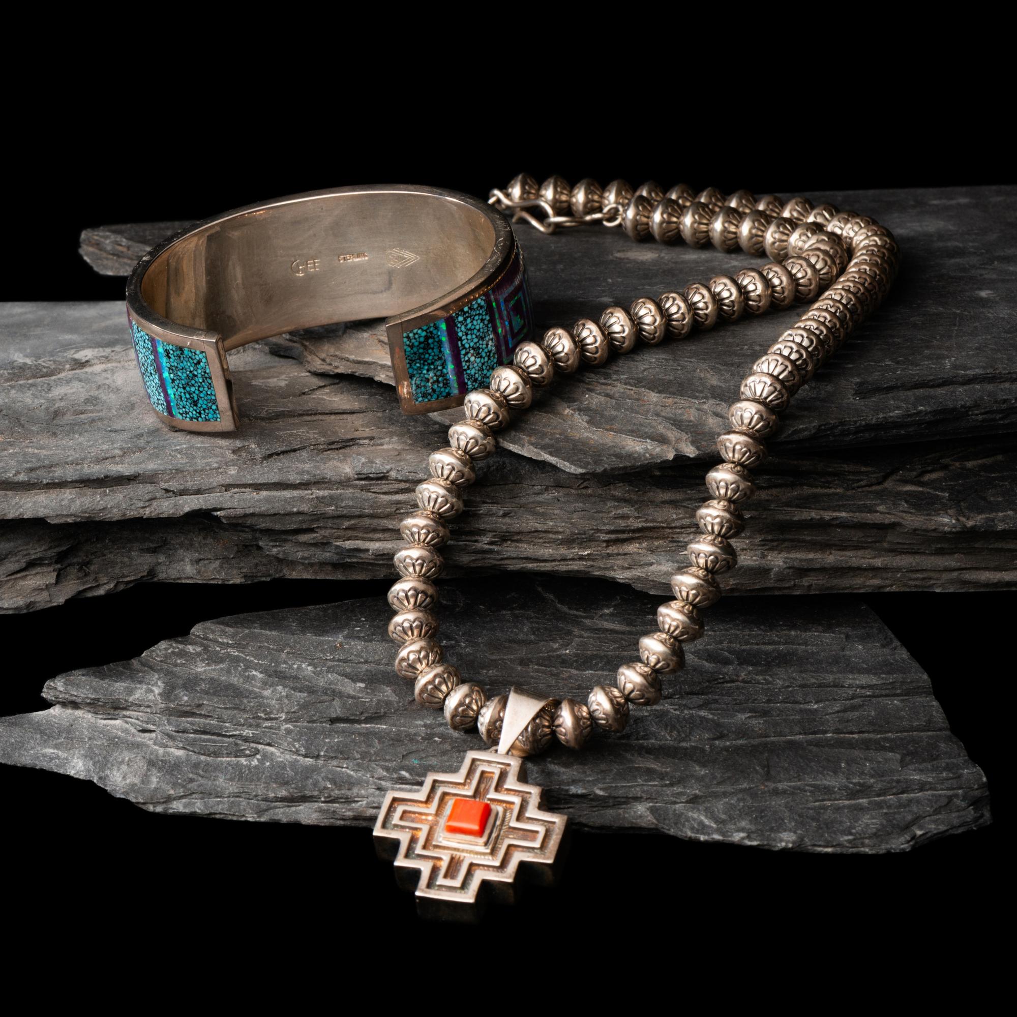 Peterson Chee (Diné, 20th century) — Sterling Silver and Mosaic Inlay Cuff Bracelet and Matching Necklace
