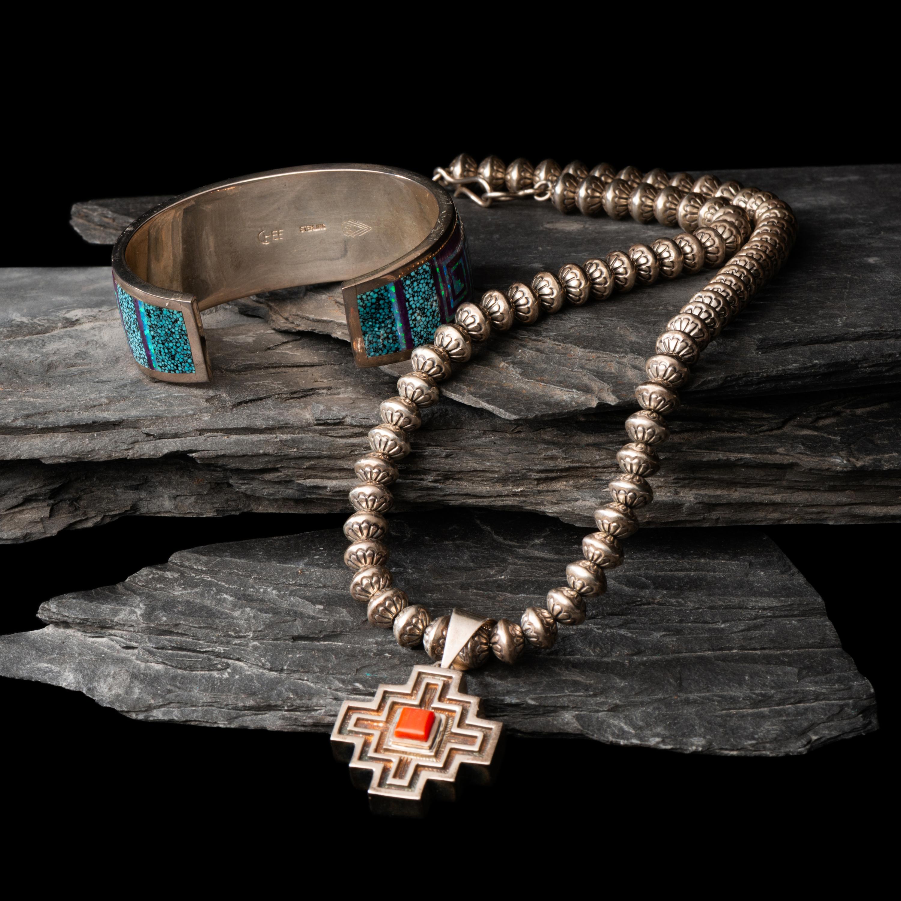 Peterson Chee (Diné, 20th century) — Sterling Silver and Mosaic Inlay Cuff Bracelet and Matching Necklace