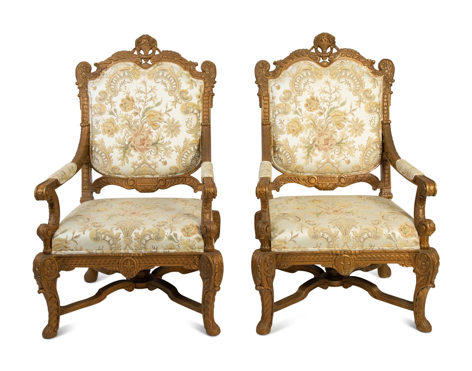 A Pair of Victorian Carved and Upholstered Open Armchairs — 19TH/20TH CENTURY