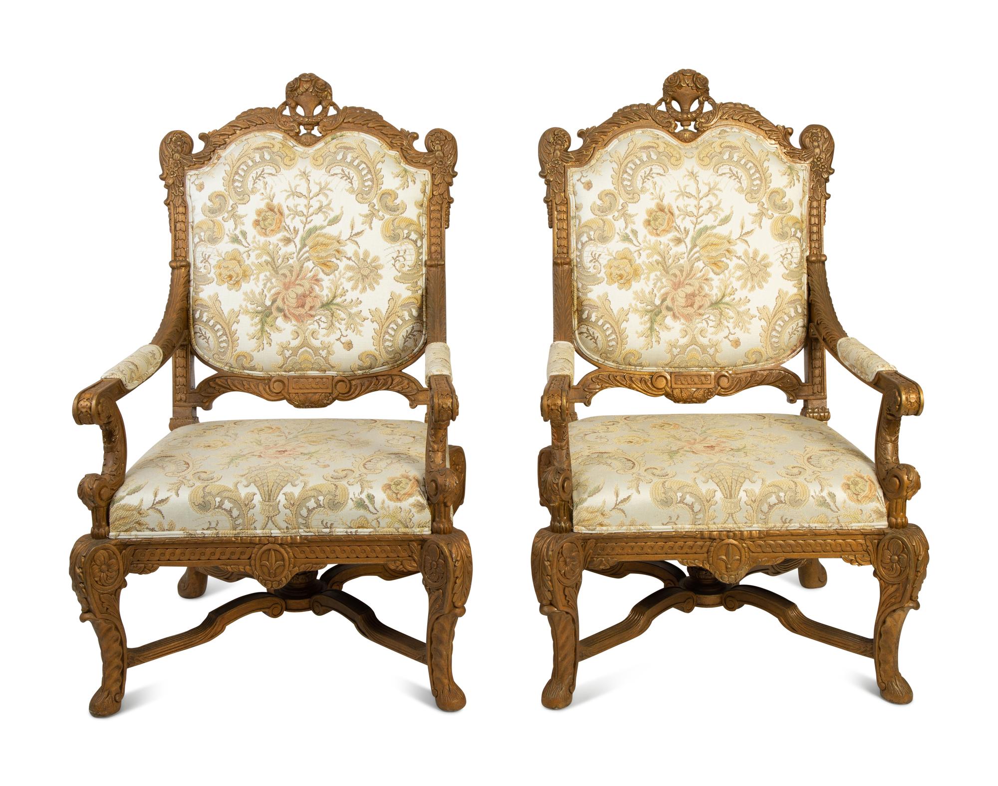 A Pair of Victorian Carved and Upholstered Open Armchairs — 19TH/20TH CENTURY
