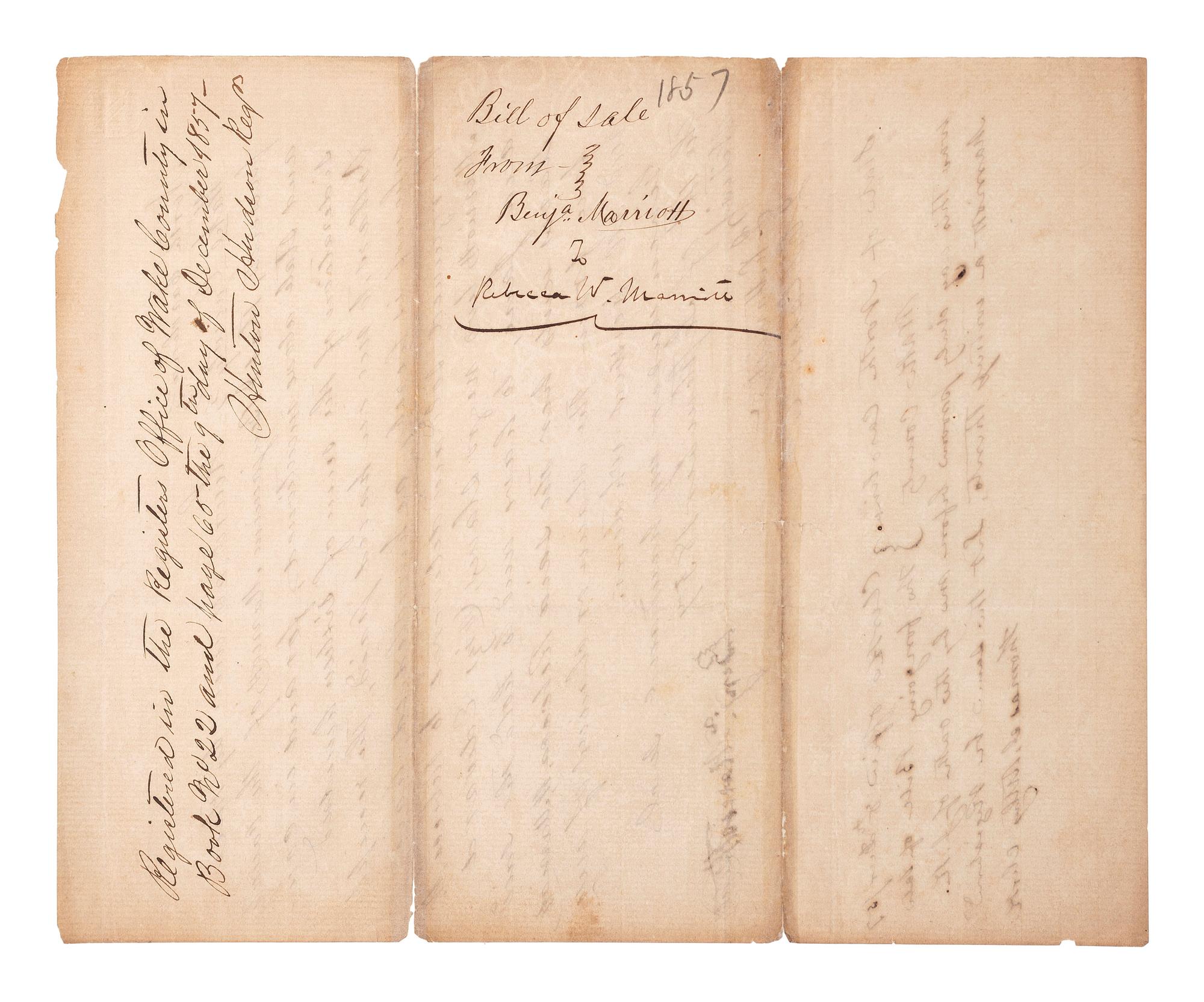 [SLAVERY & ABOLITION]. Manuscript bill of sale for enslaved African Americans "Edward" and "Jane." Wake County, NC, 14 September 1857.