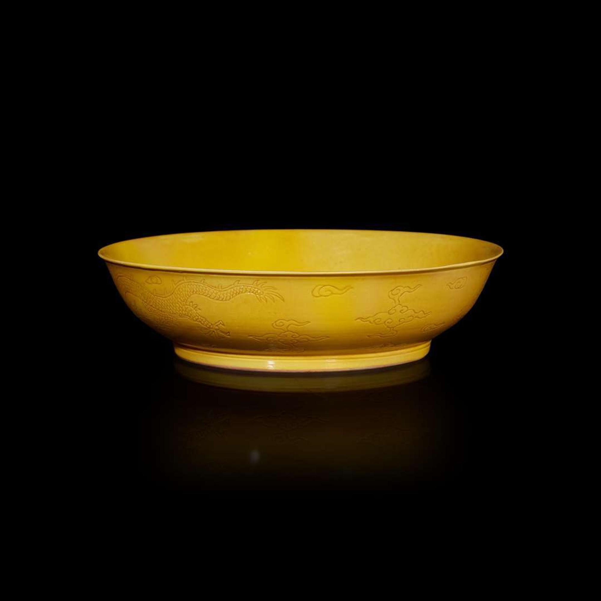 A Chinese yellow-glazed dragon dish 黃釉龍紋盤 Qianlong mark and possibly of the period ??? ??? ? ??