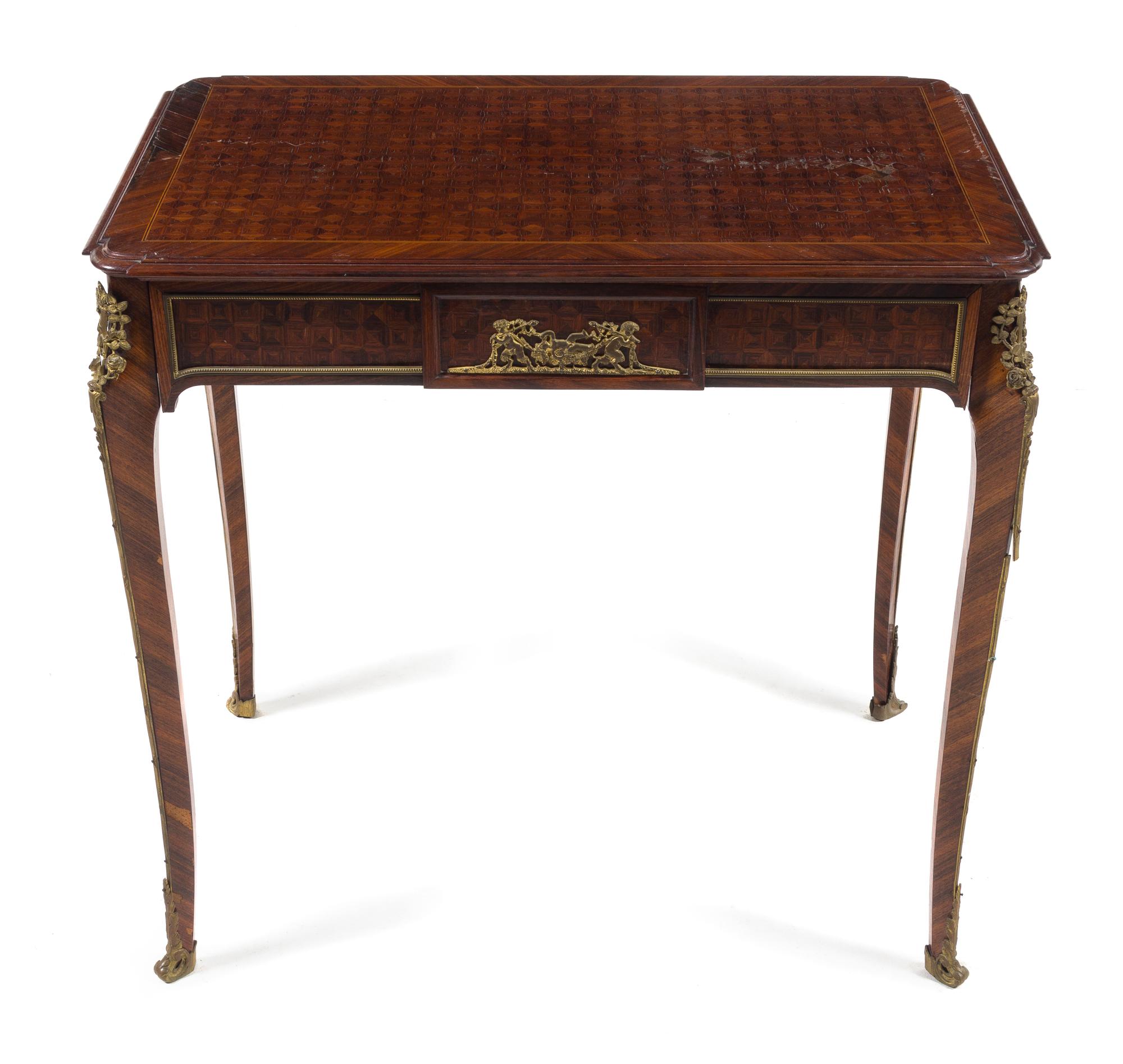 A Louis XVI Style Parquetry Table Height 29 3/4 x width 31 x depth 20 inches. — 19TH/20TH CENTURY