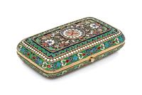 A Russian Enameled Silver-Gilt Cigarette Case, Possibly Mark Ovchinnikov, Moscow, Late 19th Century, of rectangular form with floral de