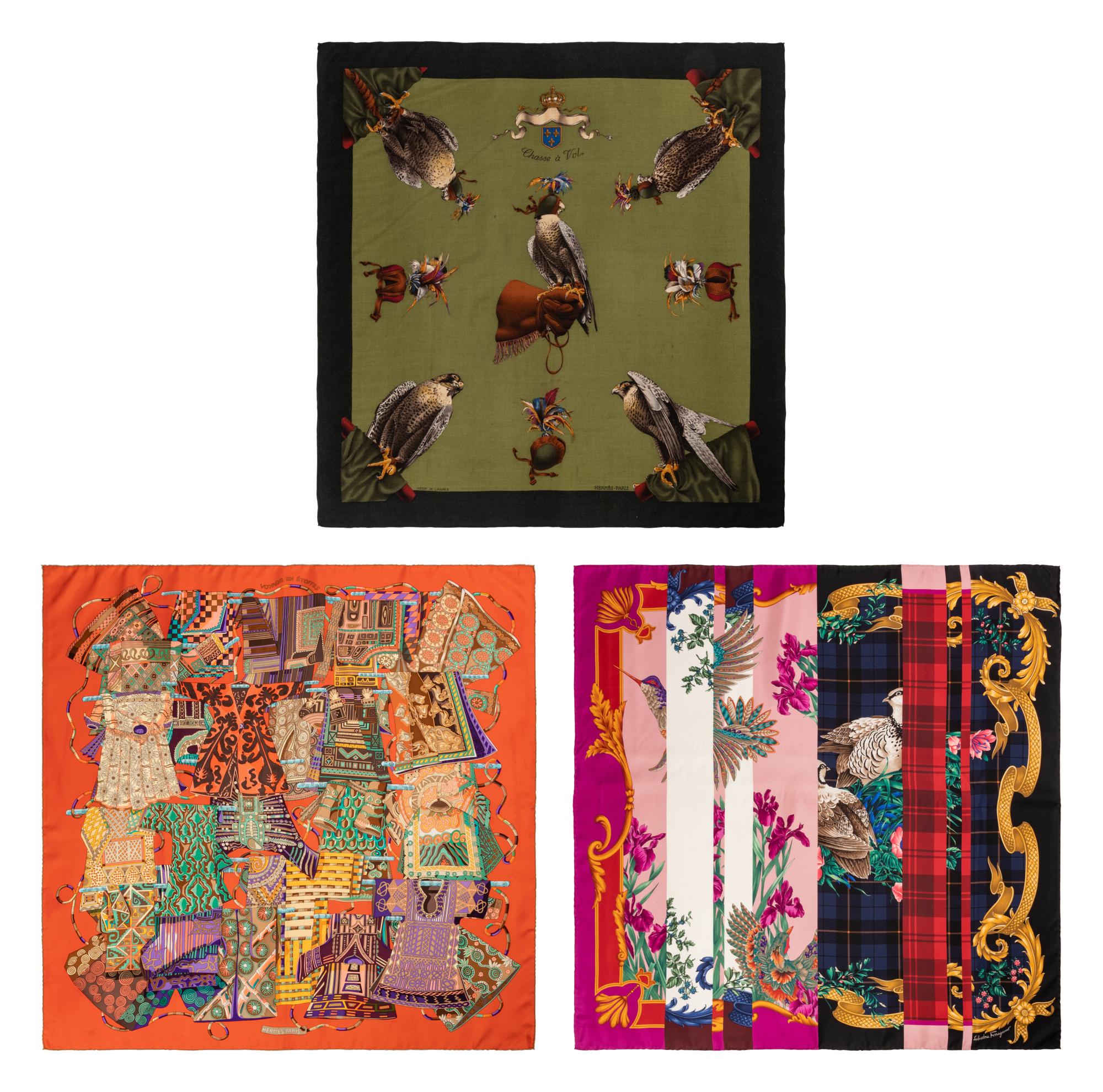 Three Designer Scarves: Two Hermès, One Ferragamo