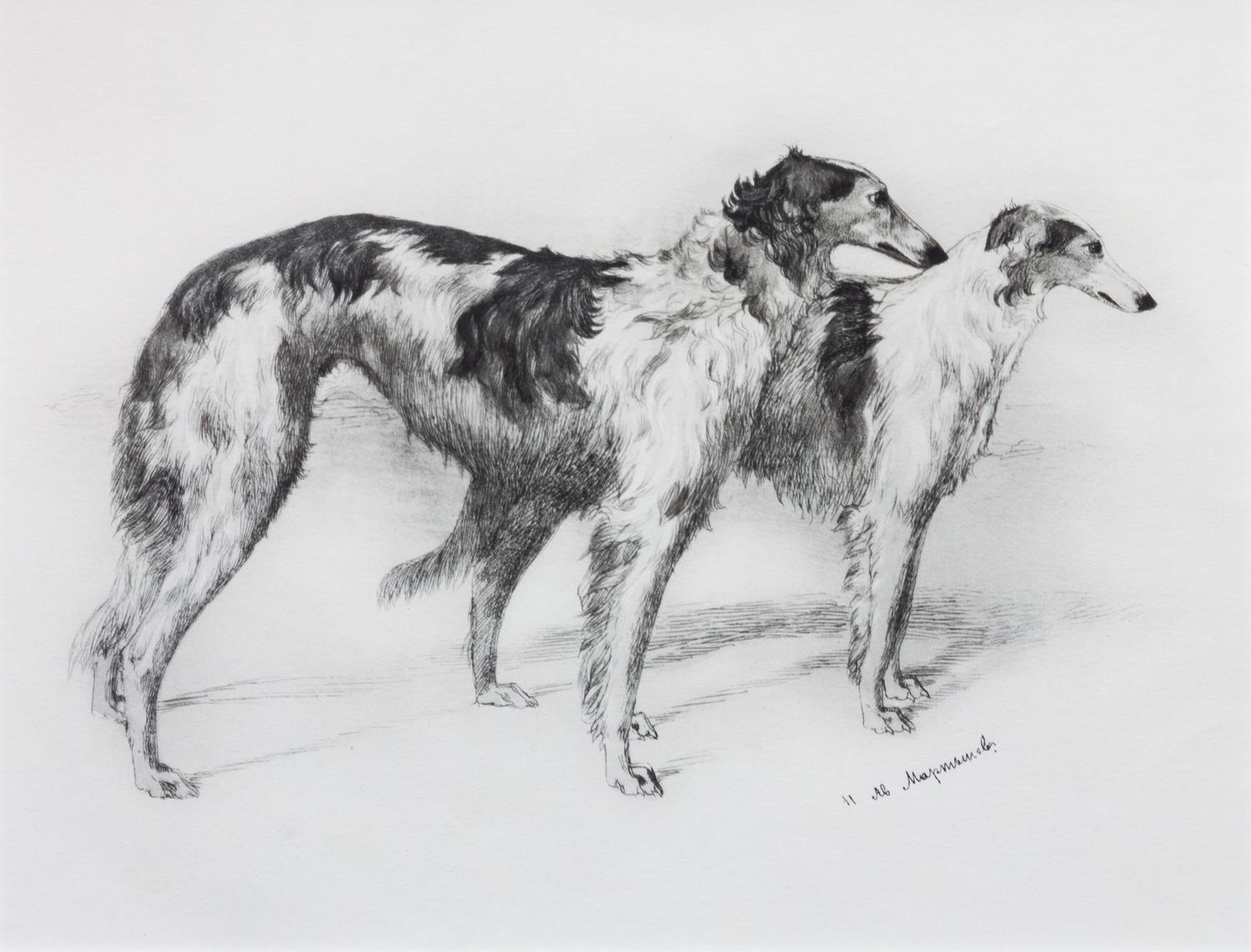 Three Works of Art depicting Borzoi Largest: 17 1/2 x 23 1/2 inches.