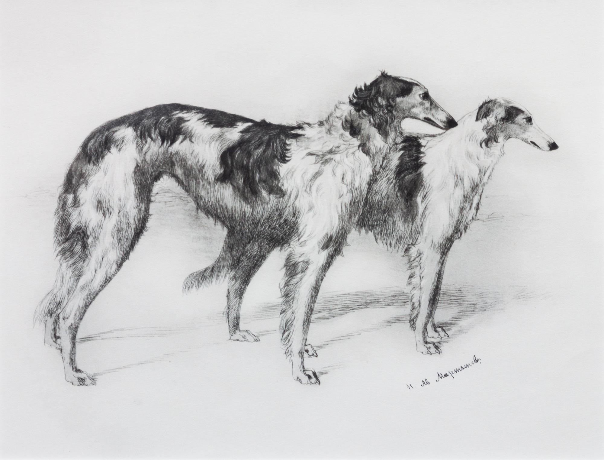 Three Works of Art depicting Borzoi Largest: 17 1/2 x 23 1/2 inches.
