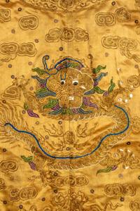 A Chinese Yellow Ground Embroidered Silk Dragon Robe