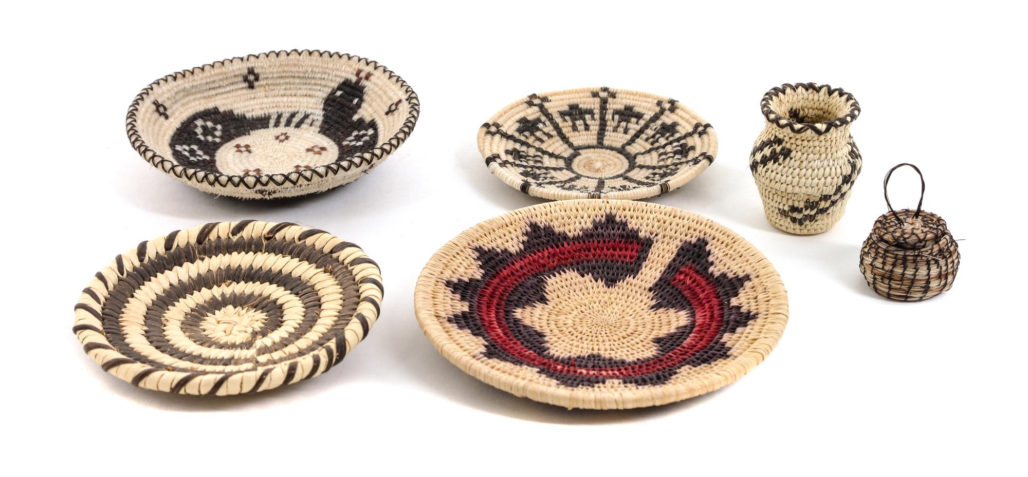 Six Miniature Southwestern Baskets Diameter of largest 3 1/3 inches.