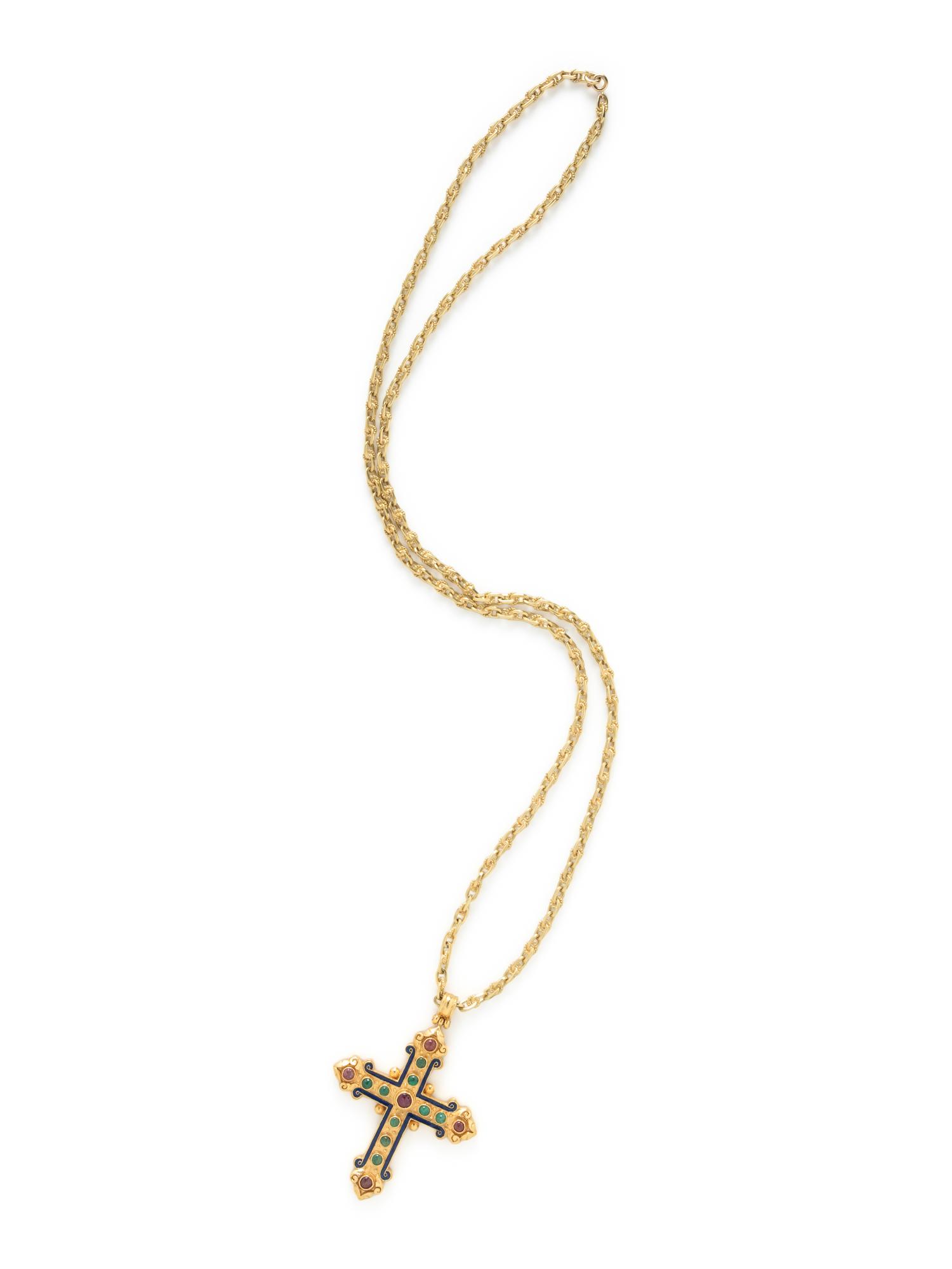 EMERALD, RUBY, AND ENAMEL CROSS PENDANT NECKLACE