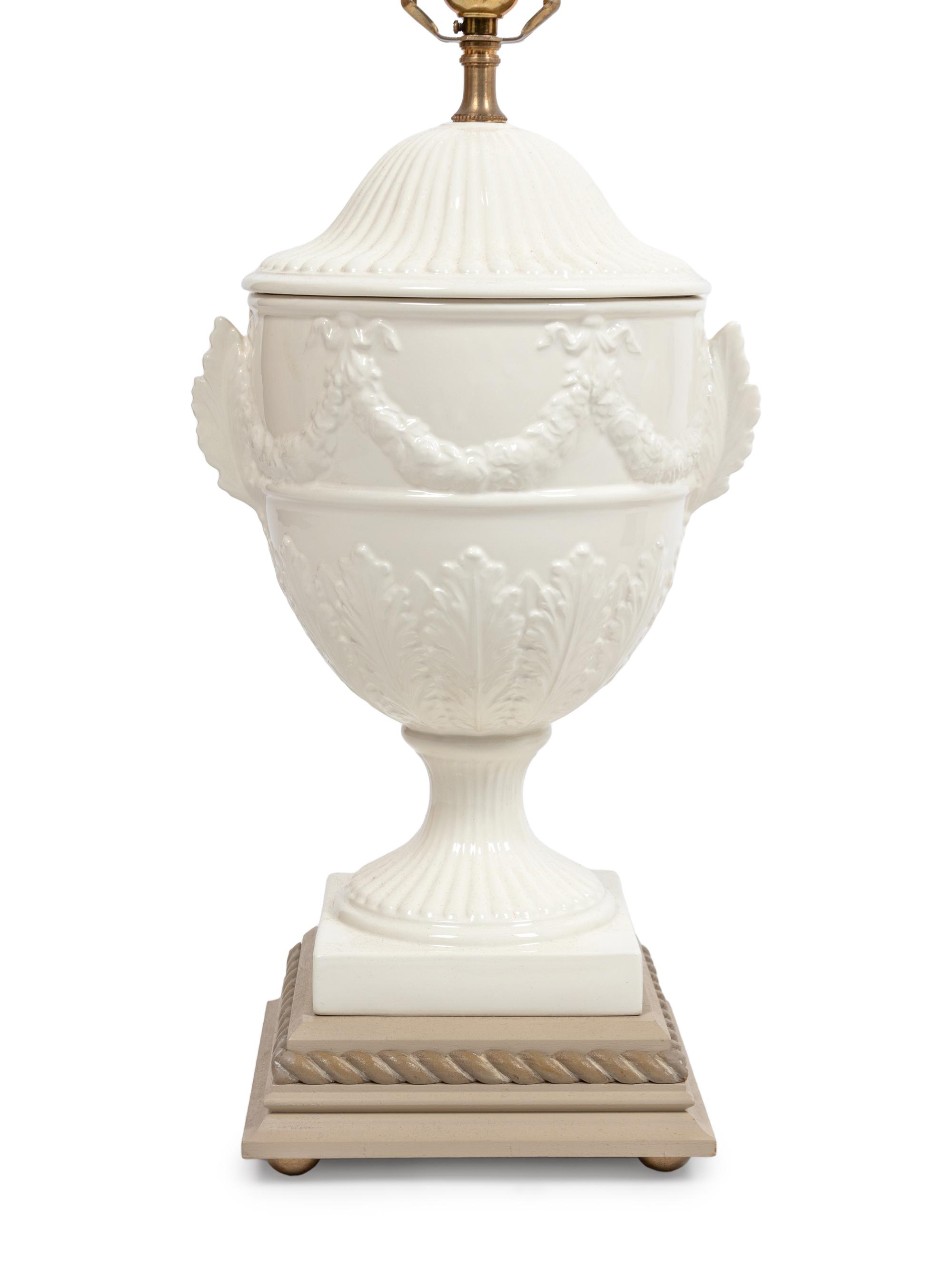 Three Regency Style White Glazed Stoneware Urns Mounted as Lamps