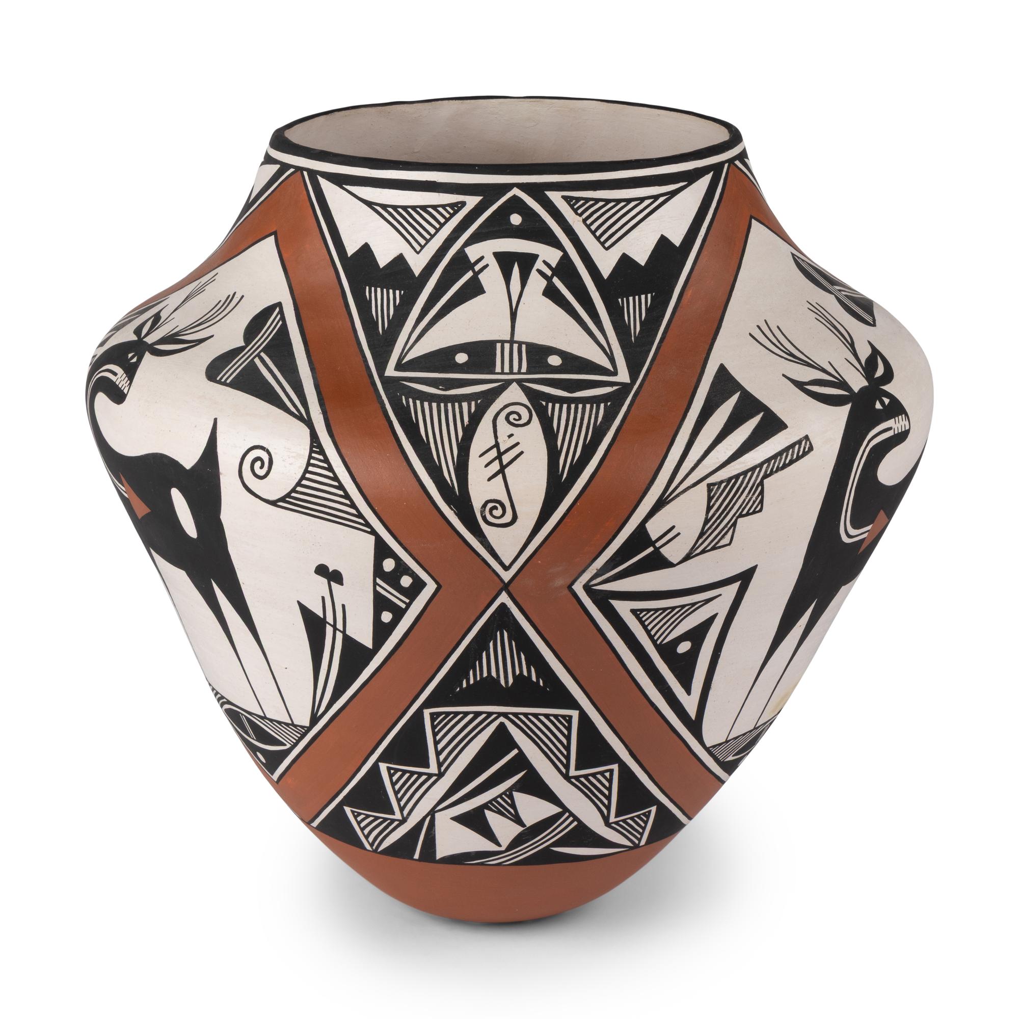 Wilfred Garcia (Acoma, 1954-2018) — Polycrome Pottery Olla, with Heartline Deer