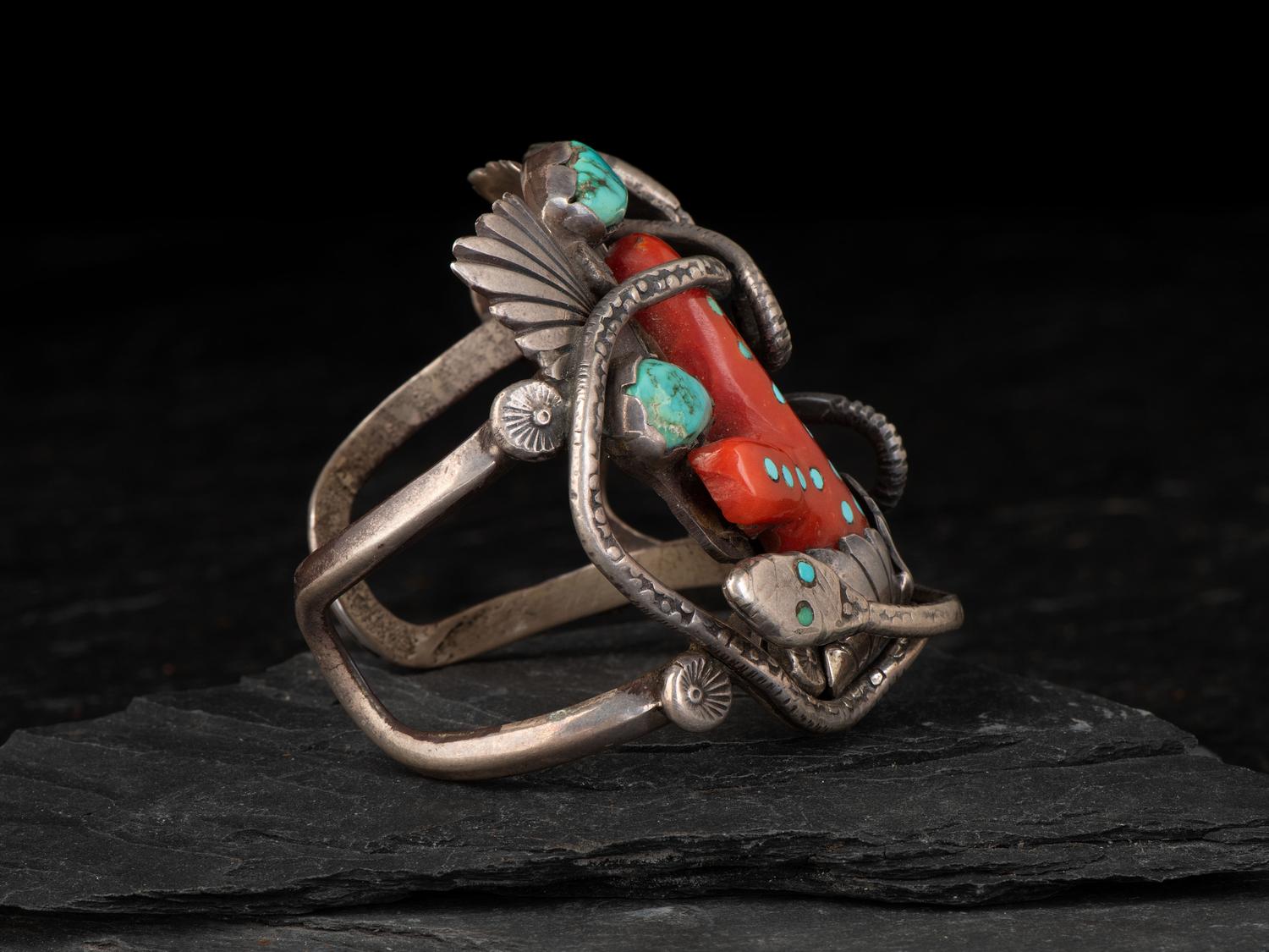 Serpent Cuff Bracelet, set with Turquoise and Coral