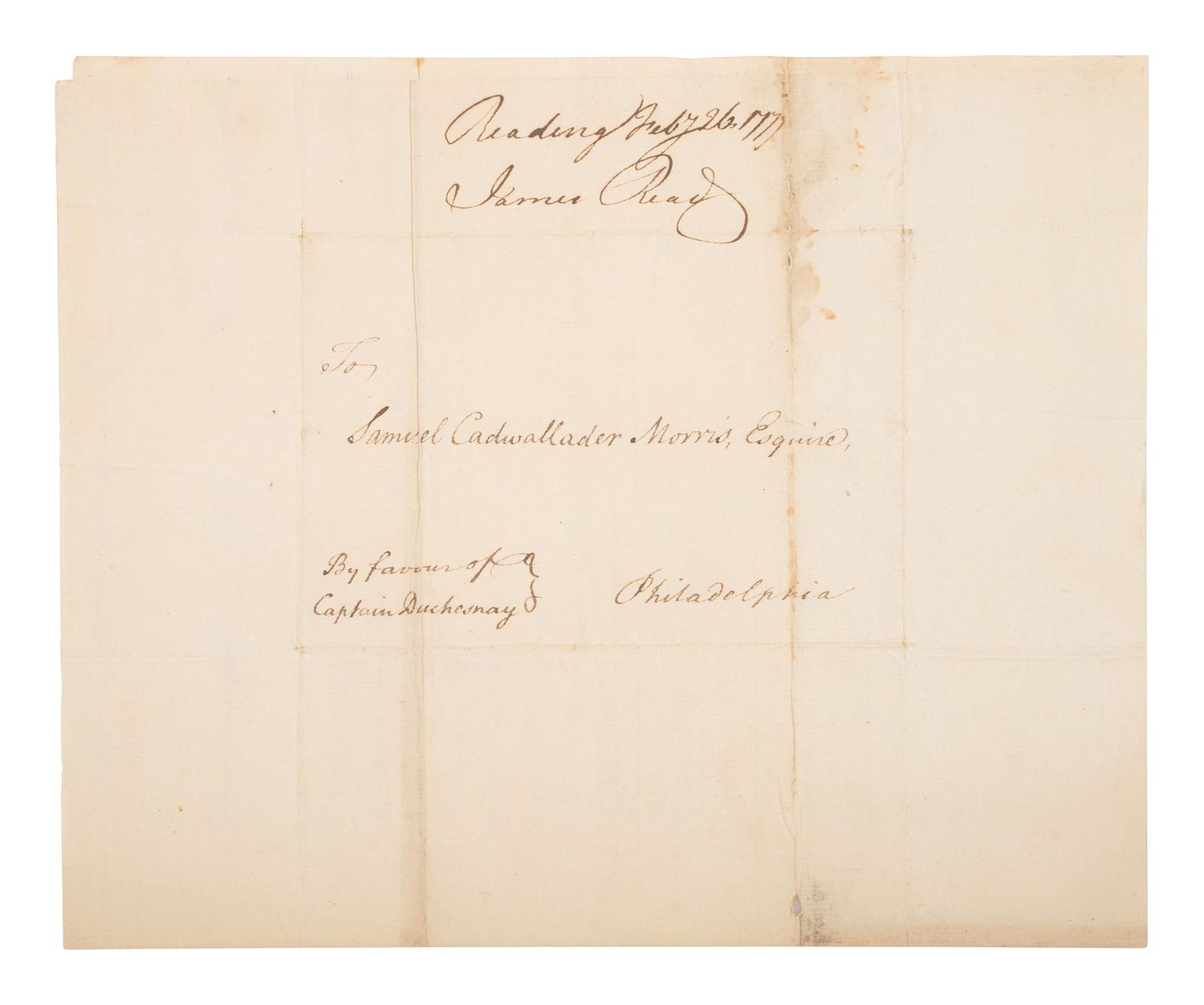 [REVOLUTIONARY WAR]. READ, James (1718-1793). Letter signed ("James Read"), regarding the exchange of British Officer Captain Antoine Juchereau Duchesnay. Reading, Pennsylvania. 26 February 1777.