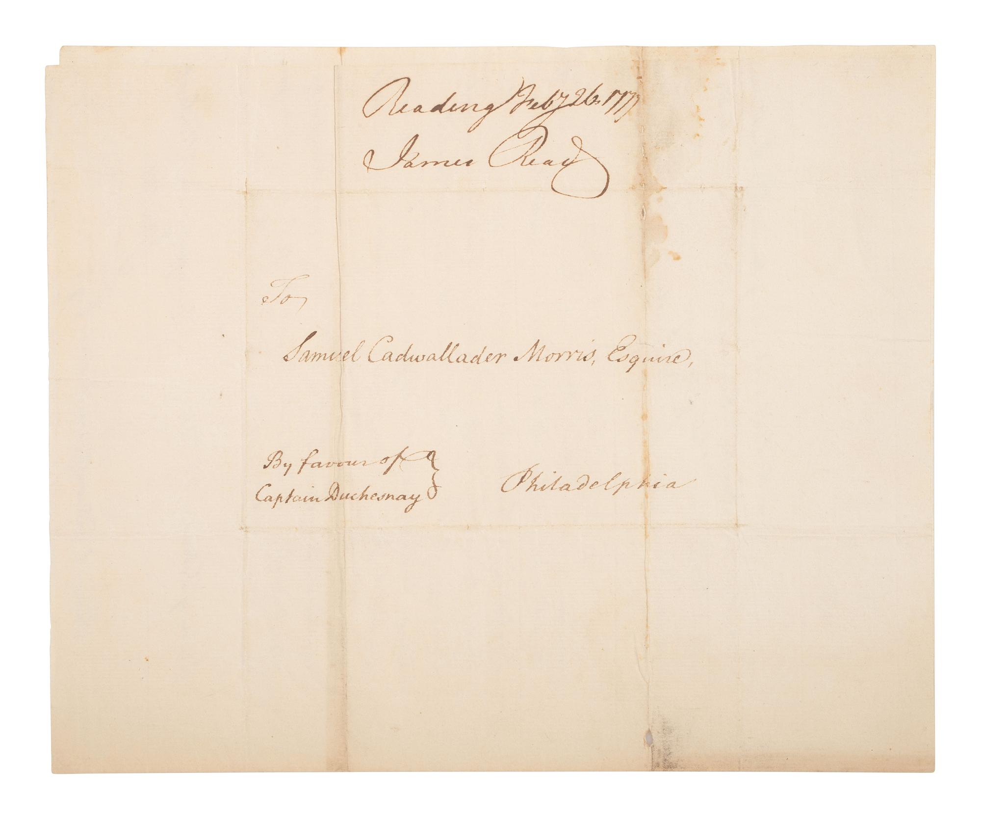 [REVOLUTIONARY WAR]. READ, James (1718-1793). Letter signed ("James Read"), regarding the exchange of British Officer Captain Antoine Juchereau Duchesnay. Reading, Pennsylvania. 26 February 1777.